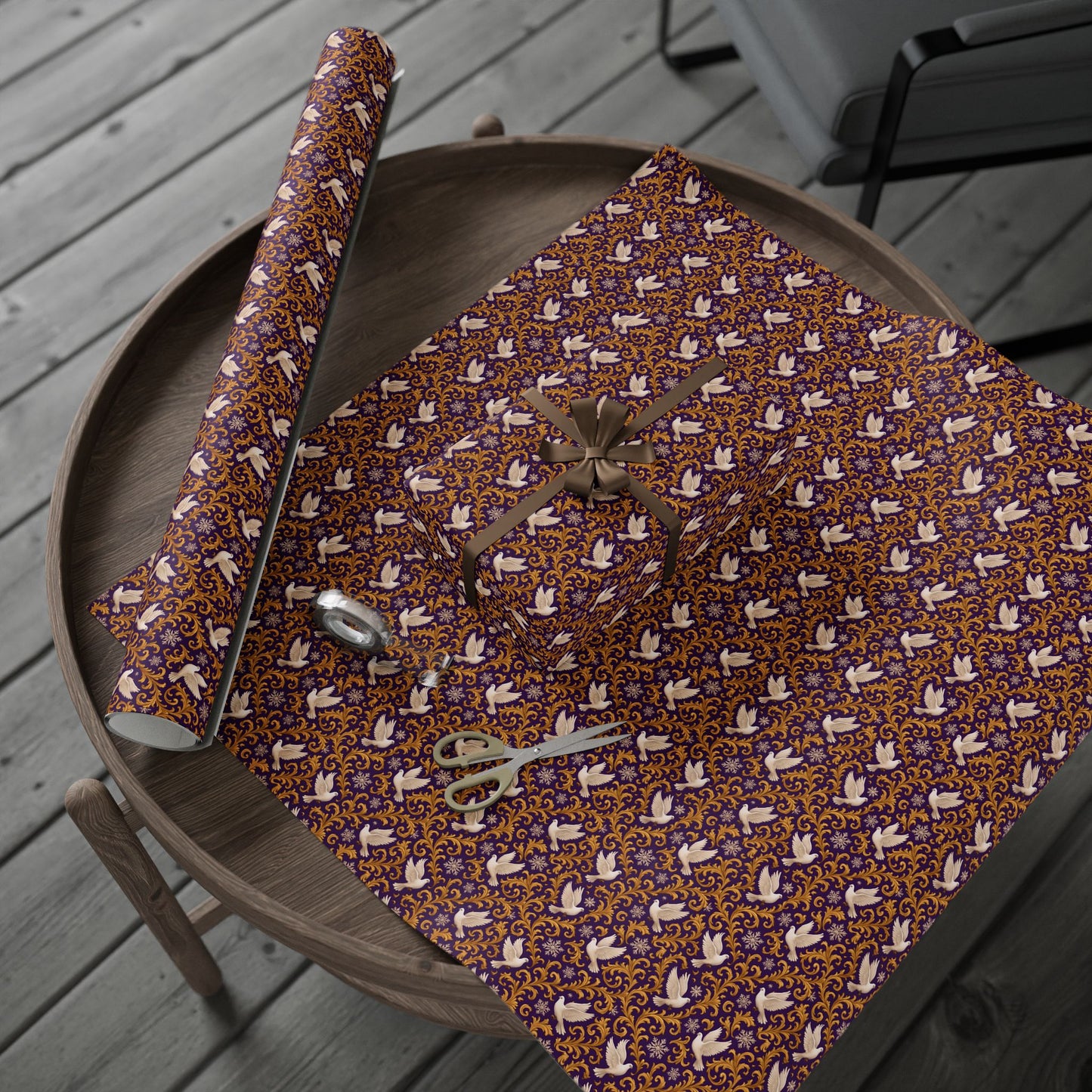 White Dove Rockstar wrapping paper | Purple rain Gold Swirl Holiday Wrap