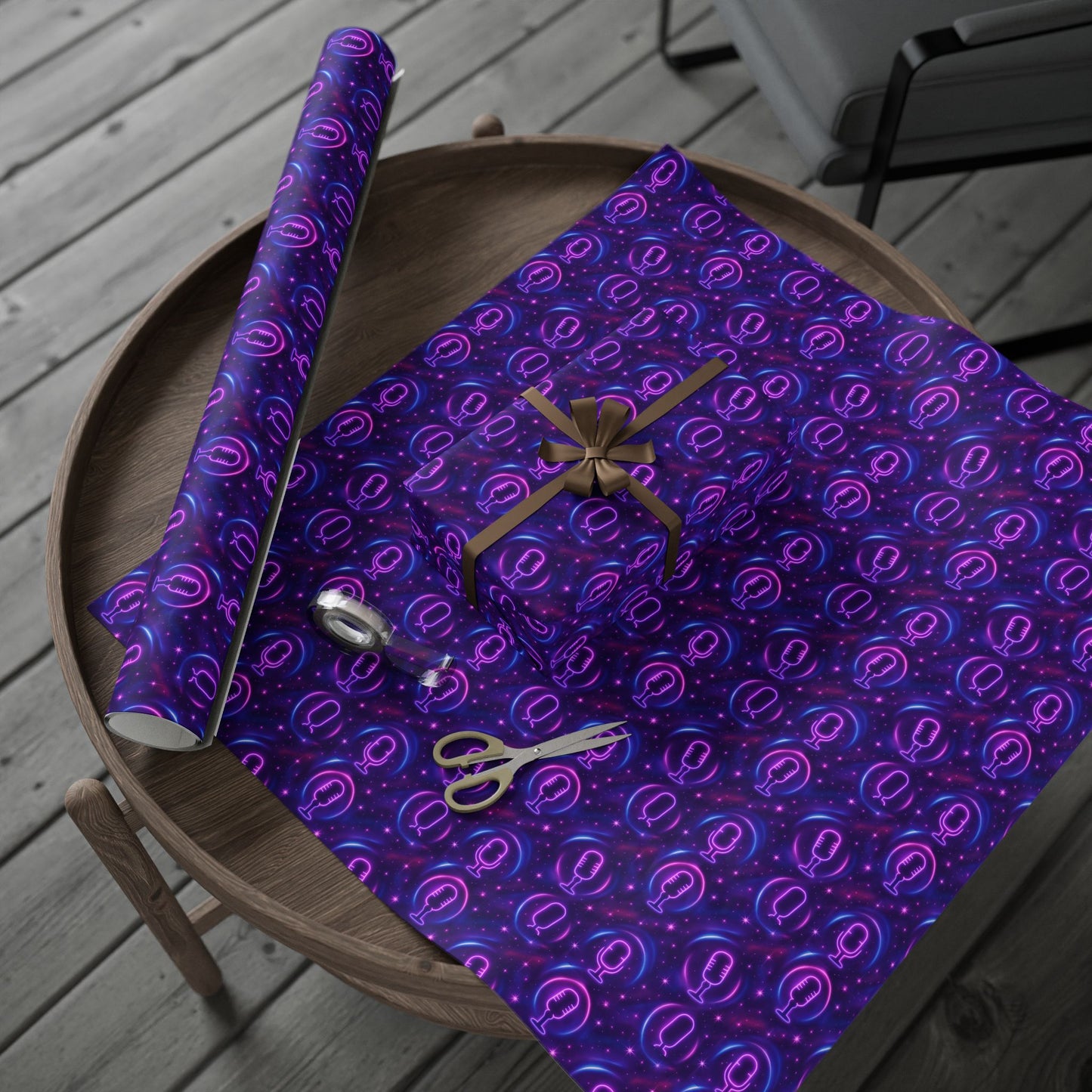 Rockstar neon microphones and stars wrapping paper | Holiday Gift Wrap, Dark Teal purple
