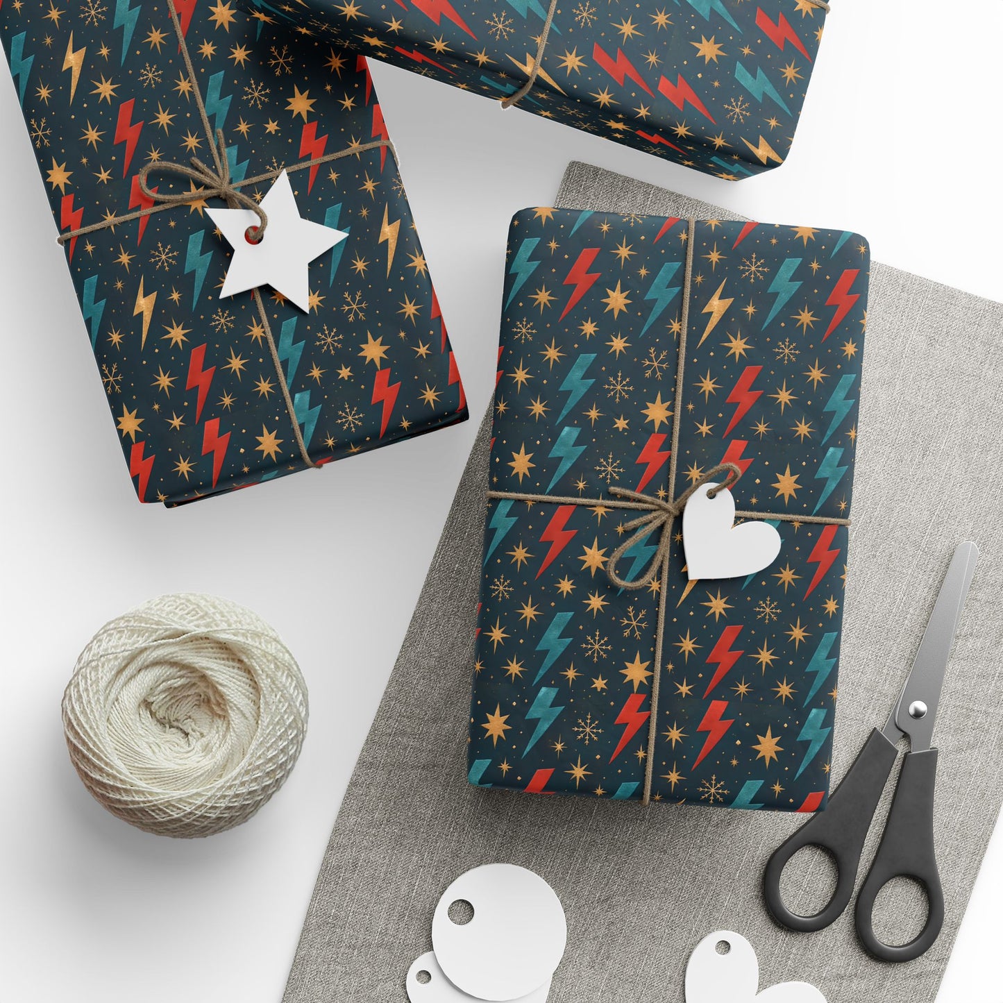 Rockstar Lightning Bolt Stars wrapping paper | Holiday Gift Wrap, Dark Teal Red Gold