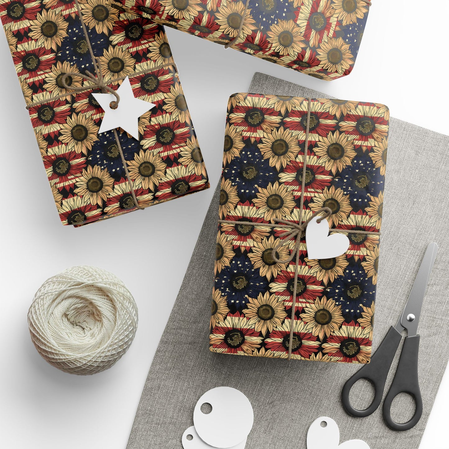 Sunflower American Flag Wrapping Paper, Patriotic Gift Wrap, Fourth of July Decoration, USA Holiday Packaging, Floral Stars and Stripes