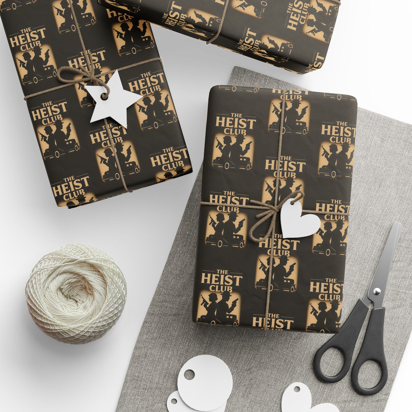 Heist Club Pattern Wrapping Paper | Black and Gold Robber Logo