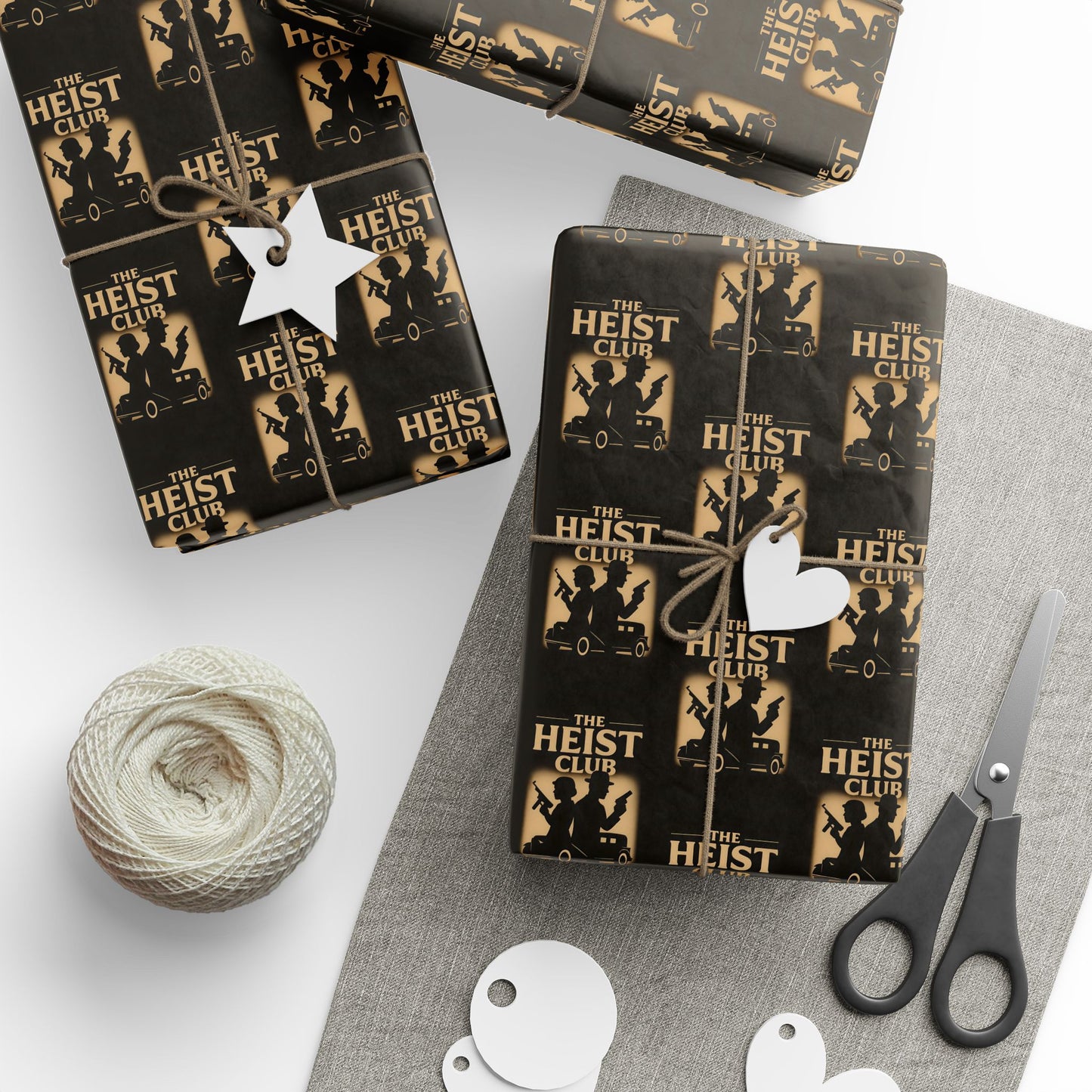 Heist Club Pattern Wrapping Paper | Black and Gold Robber Logo