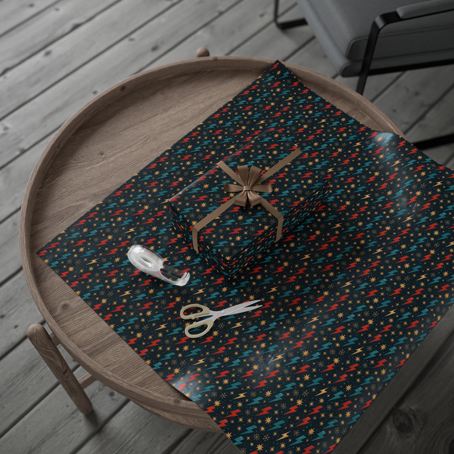 Rockstar Lightning Bolt Stars wrapping paper | Holiday Gift Wrap, Dark Teal Red Gold