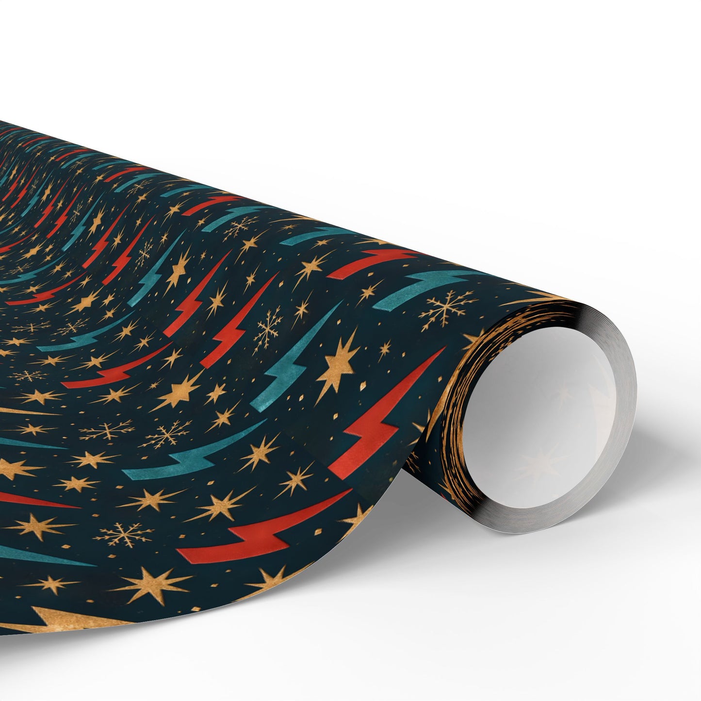 Rockstar Lightning Bolt Stars wrapping paper | Holiday Gift Wrap, Dark Teal Red Gold