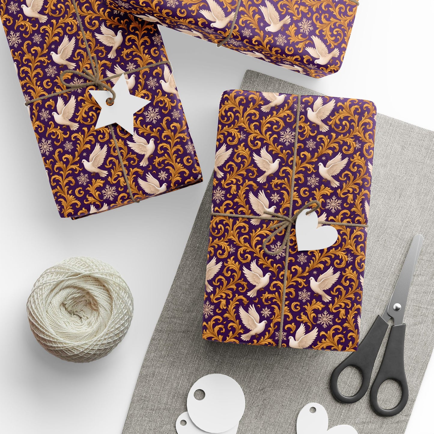 White Dove Rockstar wrapping paper | Purple rain Gold Swirl Holiday Wrap