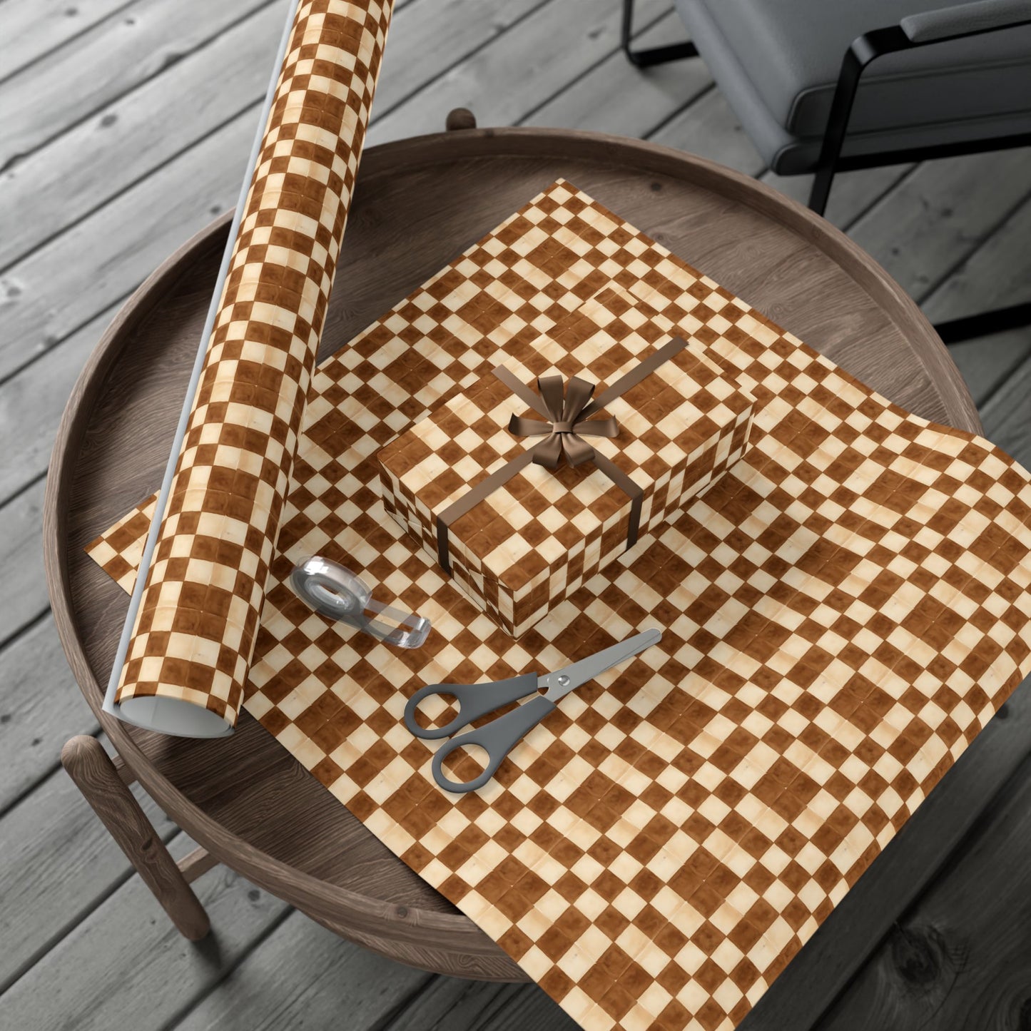 Brown Watercolor Checkerboard Gift Wrap Paper | Plaid Wrapping Paper