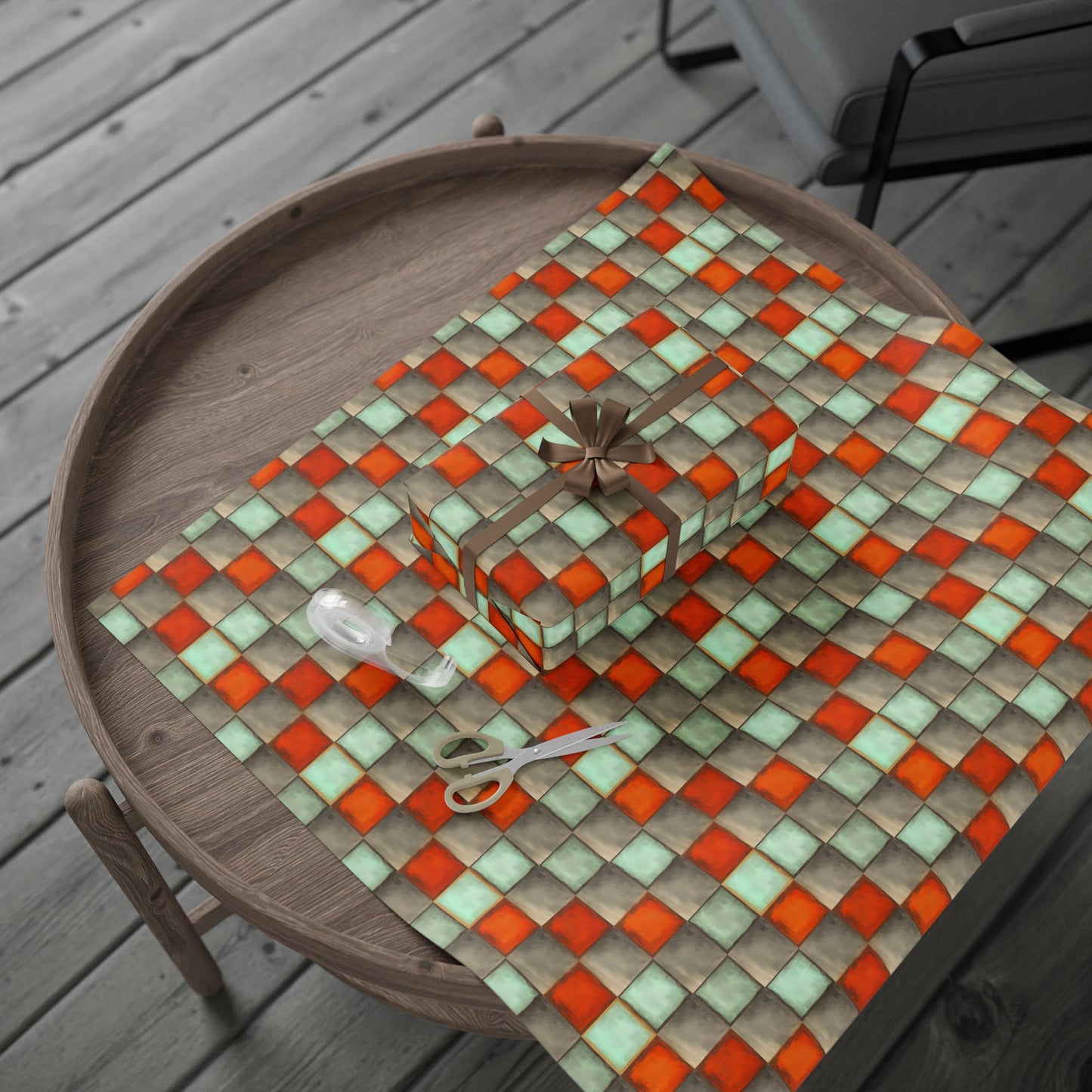Checkered Watercolor Wrapping Paper, Orange Blue Gift Wrap for Birthdays, Holidays, Parties - Orange Blue Checkered Paper