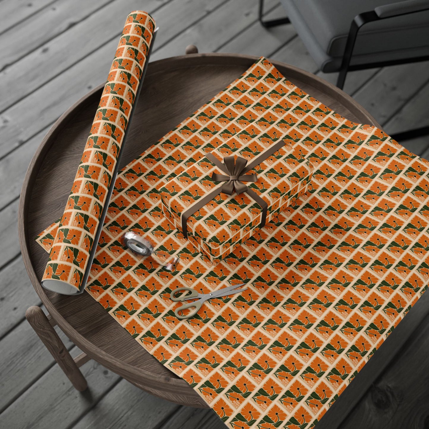 Orange Floral Tile Wrapping Paper | Pumpkin Blossom Pattern