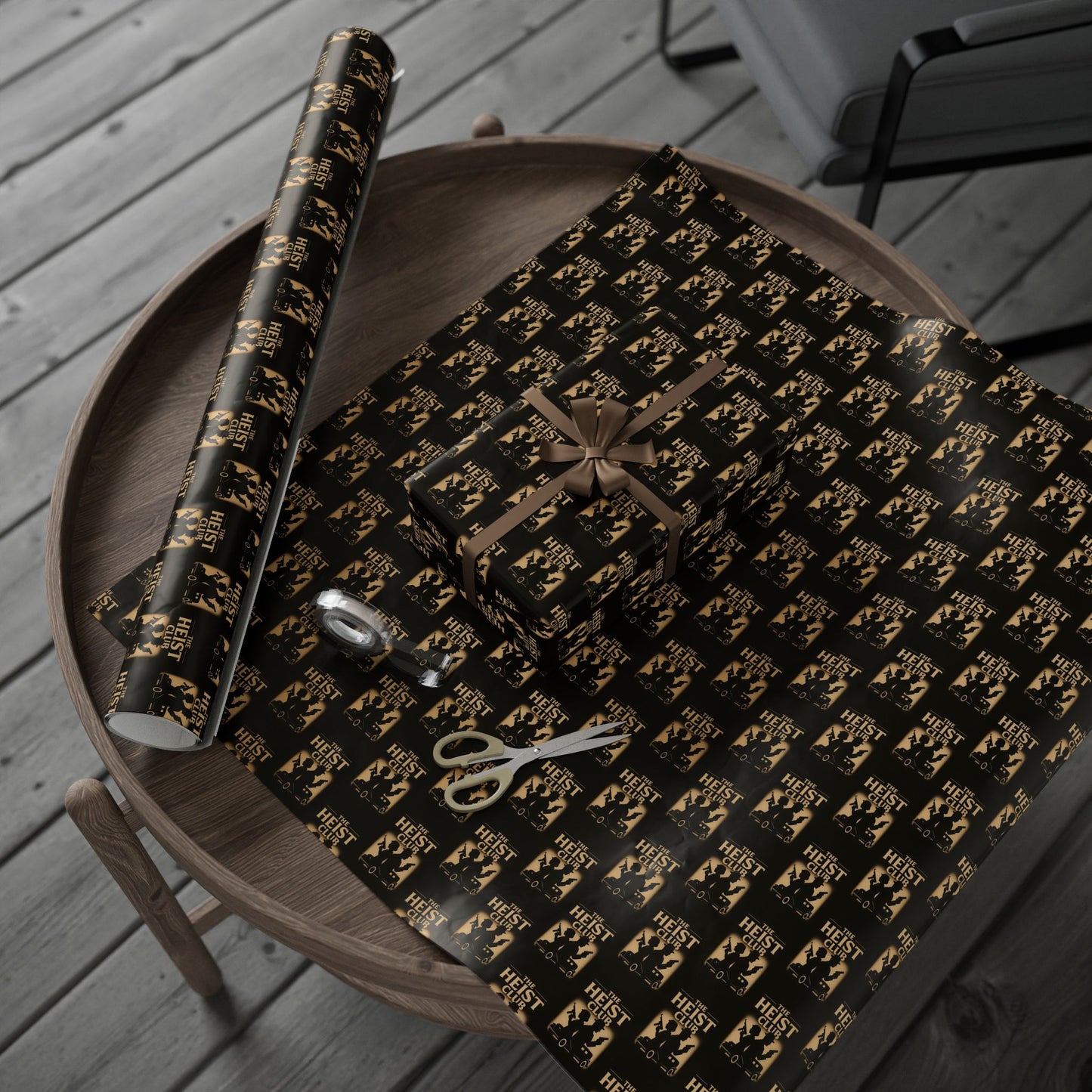 Heist Club Pattern Wrapping Paper | Black and Gold Robber Logo