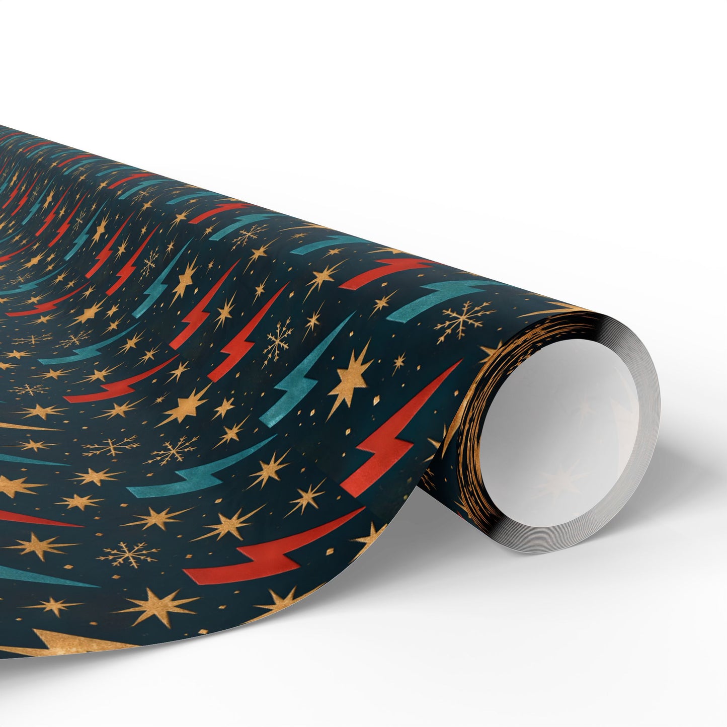 Rockstar Lightning Bolt Stars wrapping paper | Holiday Gift Wrap, Dark Teal Red Gold