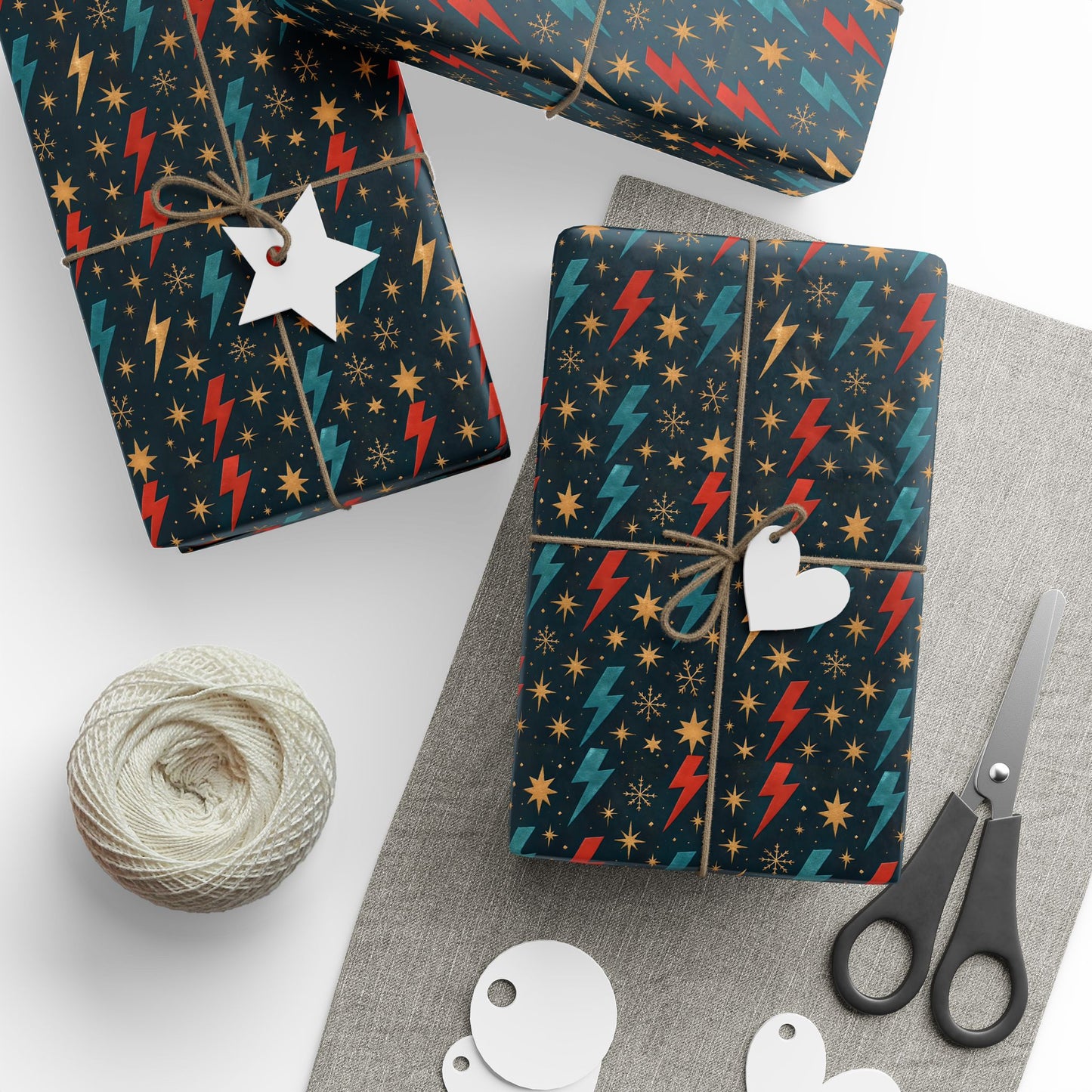 Rockstar Lightning Bolt Stars wrapping paper | Holiday Gift Wrap, Dark Teal Red Gold