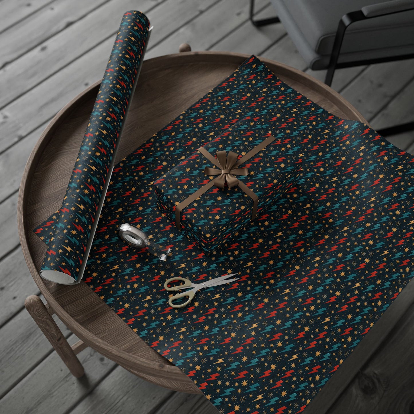 Rockstar Lightning Bolt Stars wrapping paper | Holiday Gift Wrap, Dark Teal Red Gold