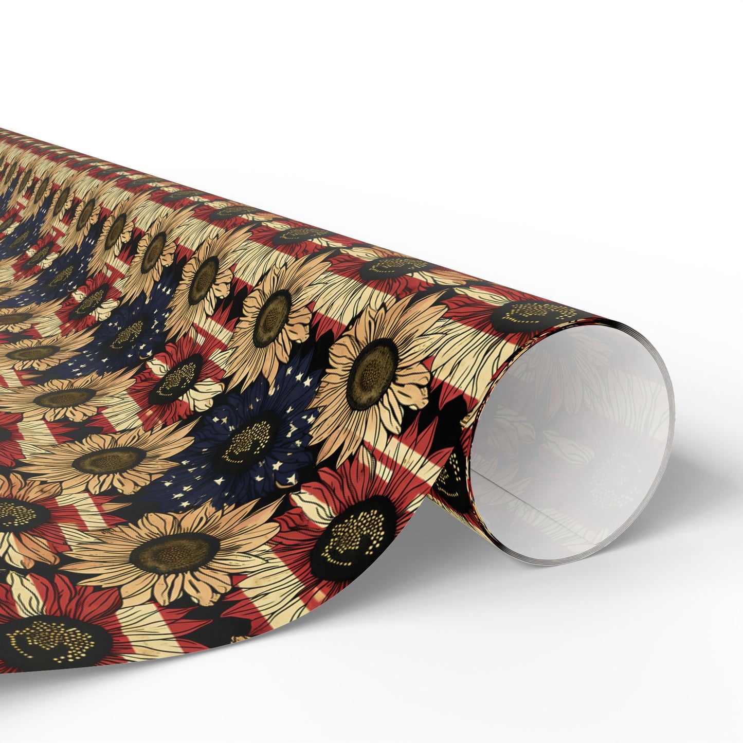 Sunflower American Flag Wrapping Paper, Patriotic Gift Wrap, Fourth of July Decoration, USA Holiday Packaging, Floral Stars and Stripes
