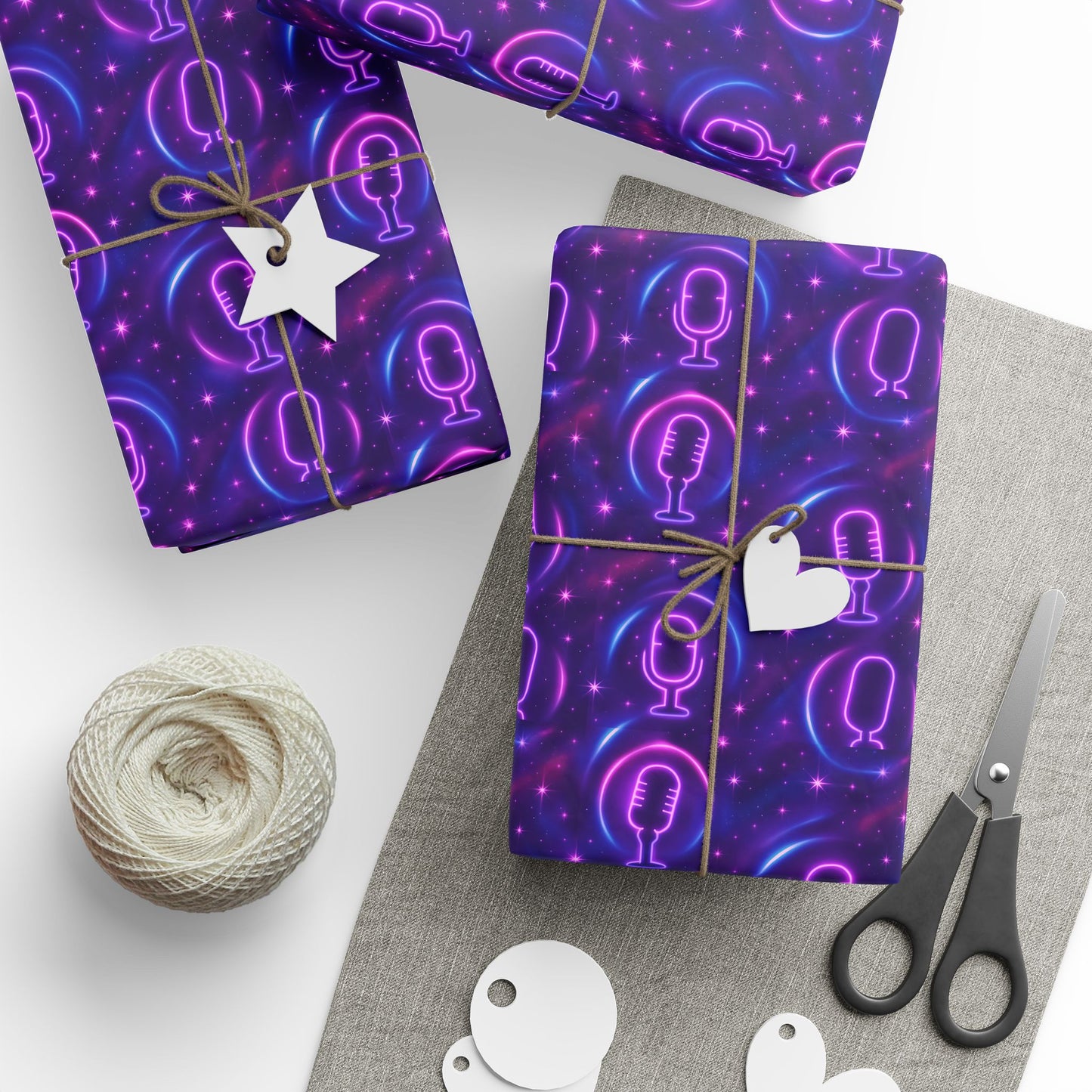 Rockstar neon microphones and stars wrapping paper | Holiday Gift Wrap, Dark Teal purple