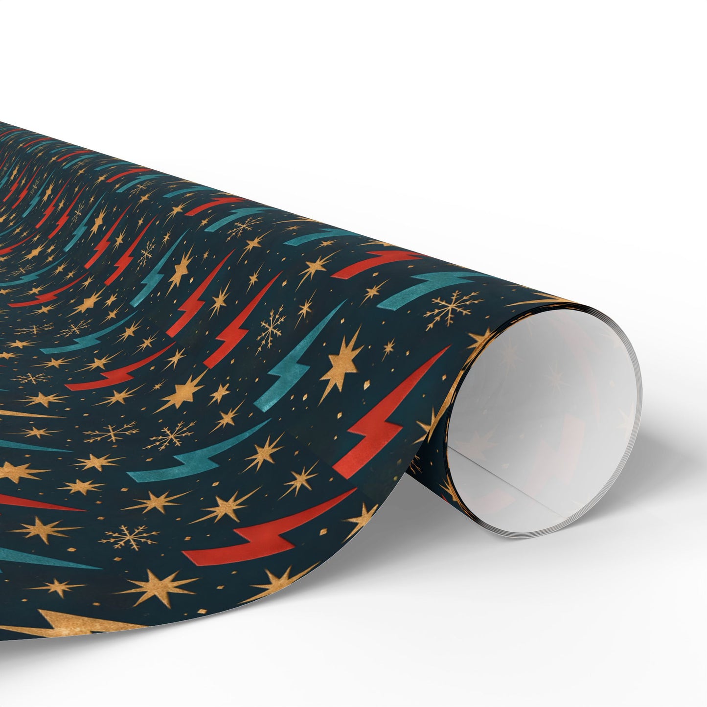 Rockstar Lightning Bolt Stars wrapping paper | Holiday Gift Wrap, Dark Teal Red Gold
