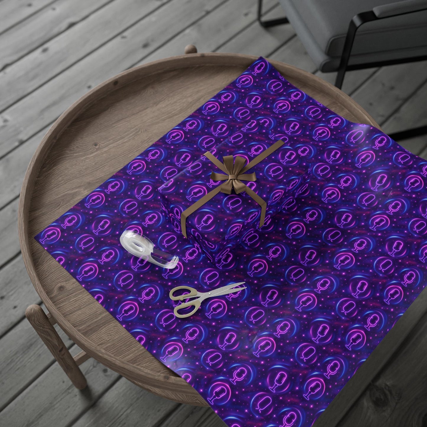 Rockstar neon microphones and stars wrapping paper | Holiday Gift Wrap, Dark Teal purple