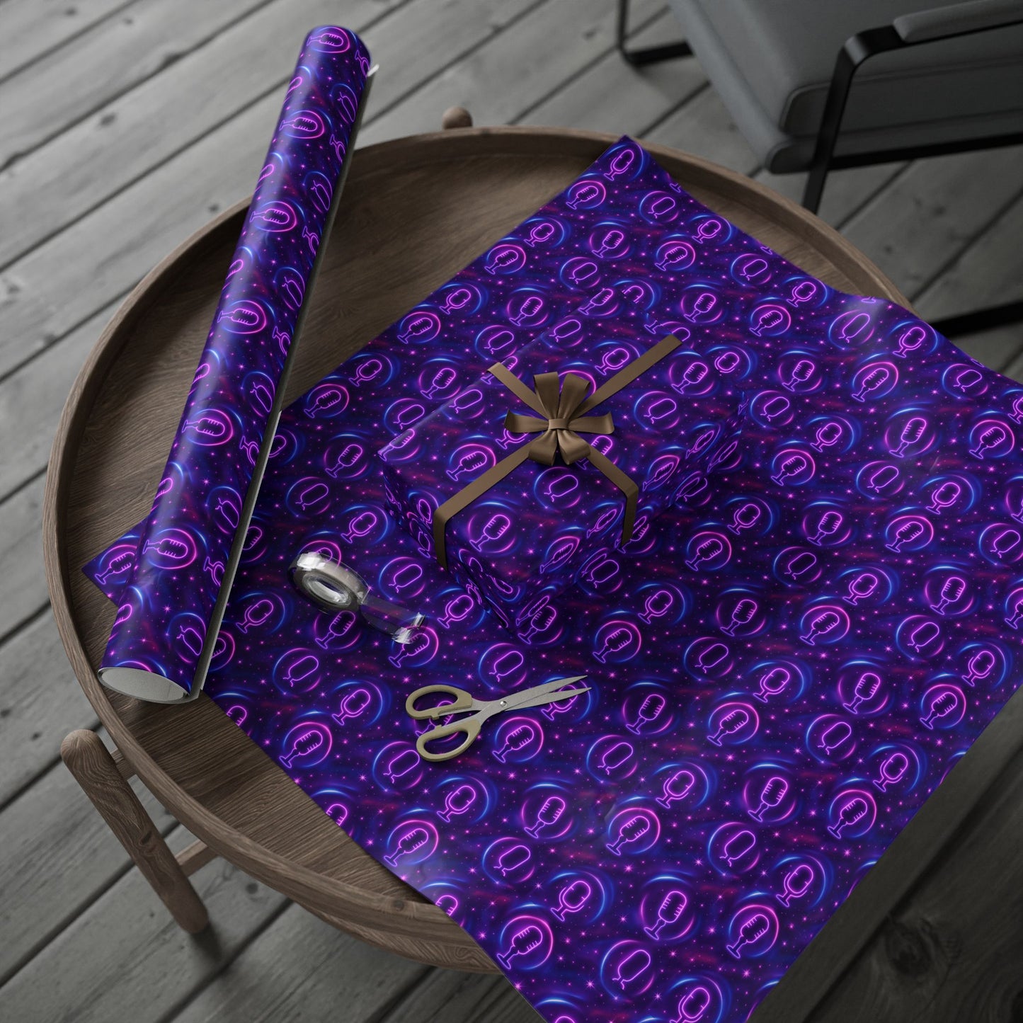 Rockstar neon microphones and stars wrapping paper | Holiday Gift Wrap, Dark Teal purple