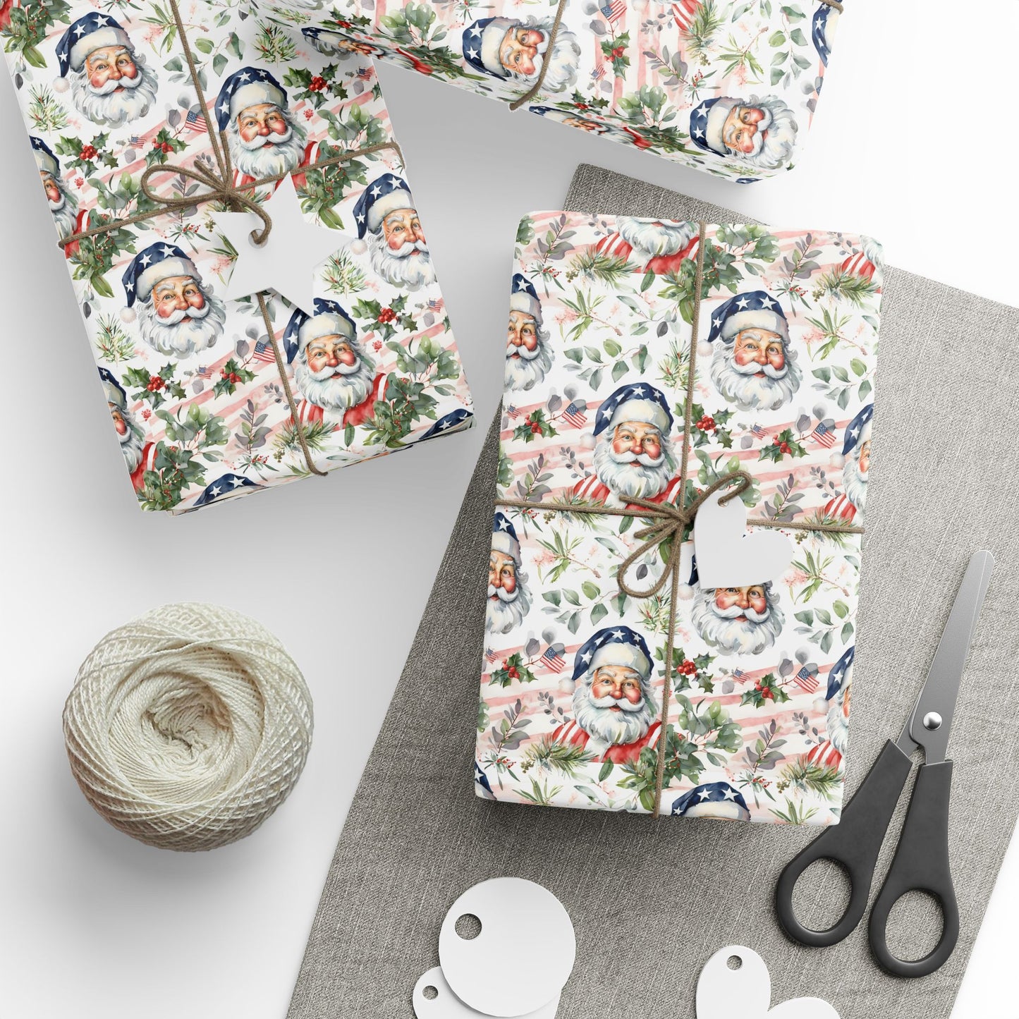 Wrapping Papers, American Santa Watercolor Gift Wrap, Christmas Holiday Wrapping Sheets, Festive Xmas Present Packaging, Decorative Craft
