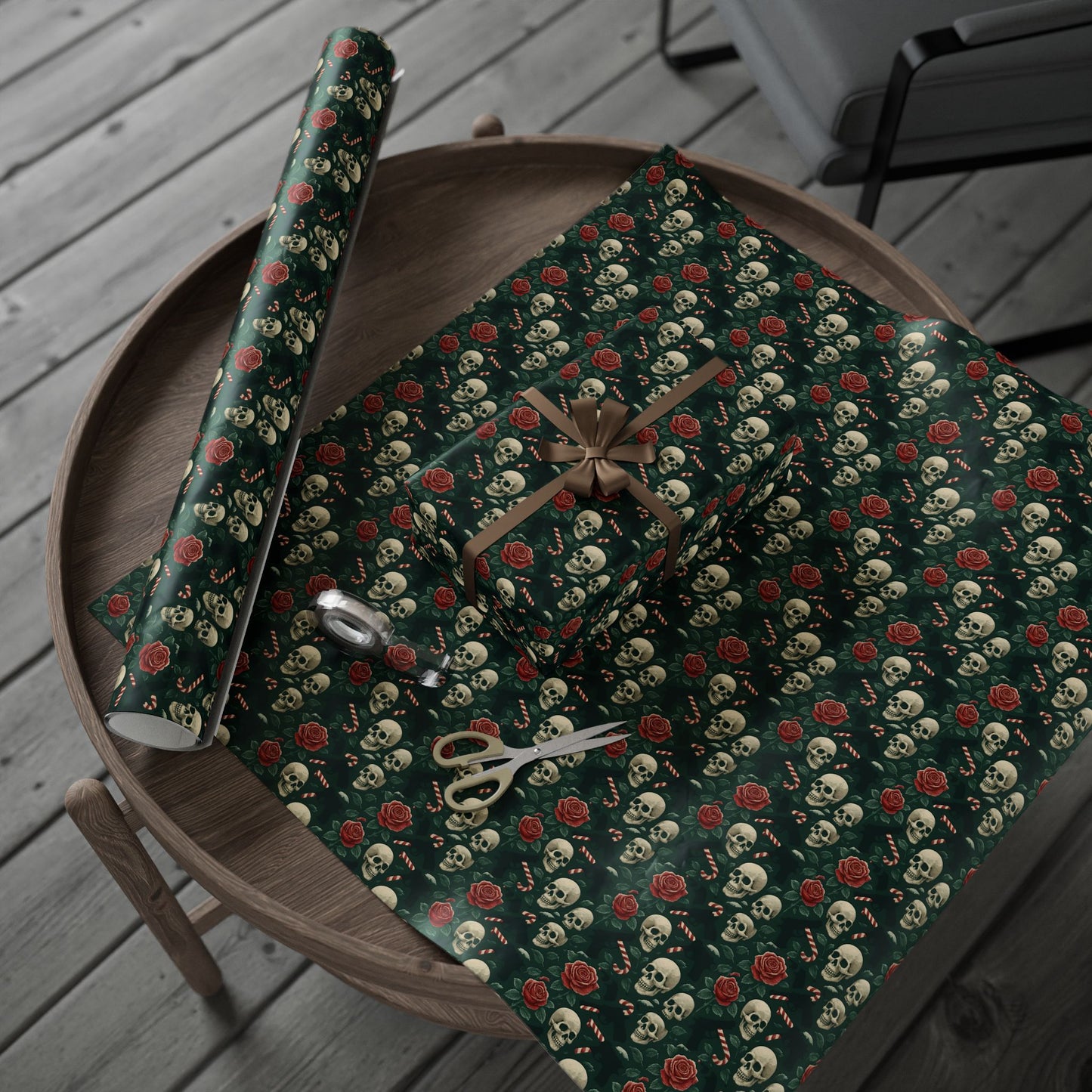 Rockstar skull and candy cane wrapping paper | Holiday Gift Wrap, Dark Teal Red Gold