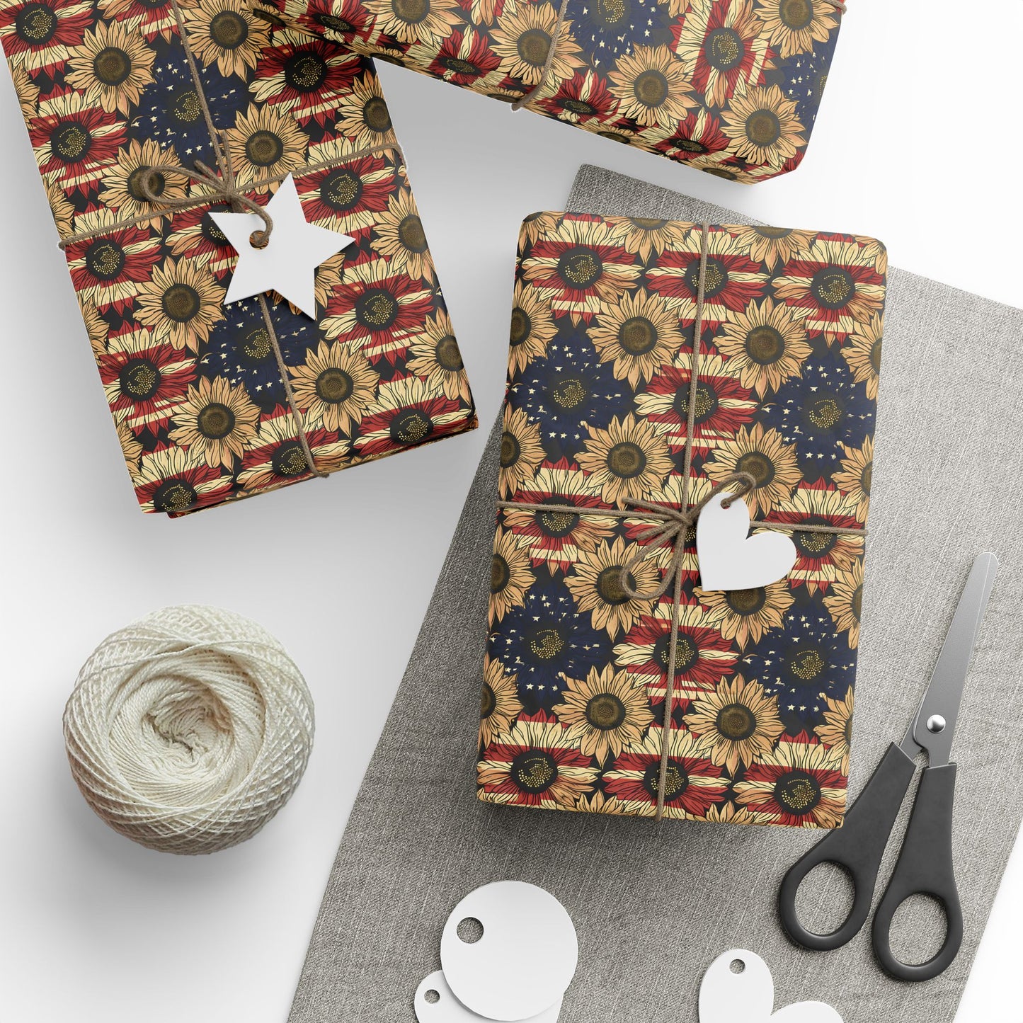 Sunflower American Flag Wrapping Paper, Patriotic Gift Wrap, Fourth of July Decoration, USA Holiday Packaging, Floral Stars and Stripes