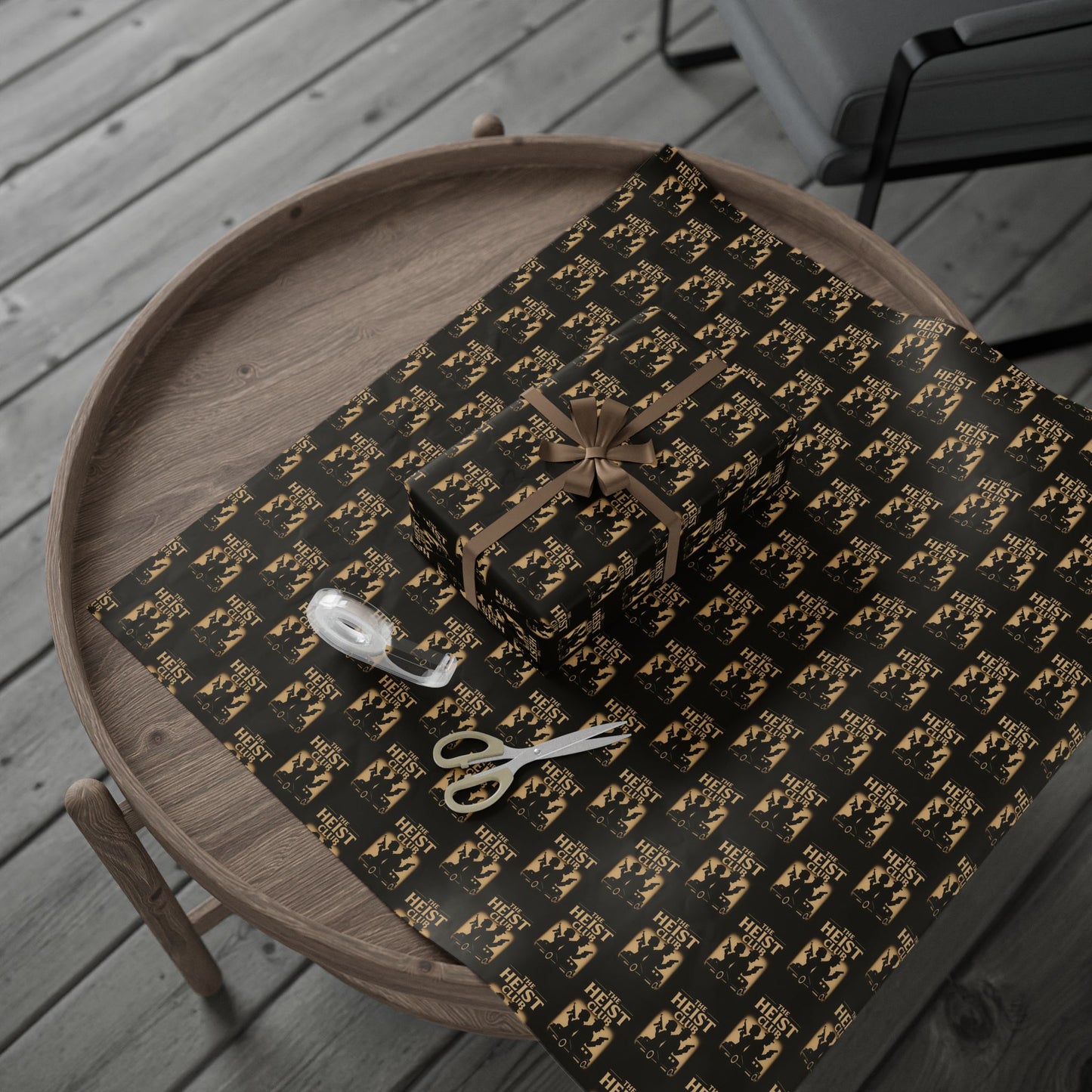 Heist Club Pattern Wrapping Paper | Black and Gold Robber Logo