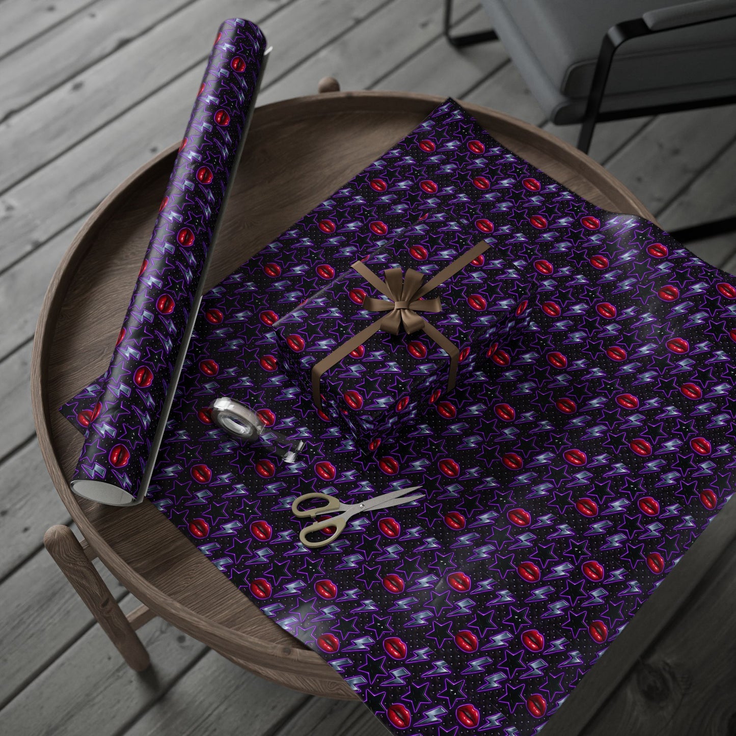 Rockstar neon lips and lightning bolts wrapping paper | Holiday Gift Wrap, Dark Teal purple