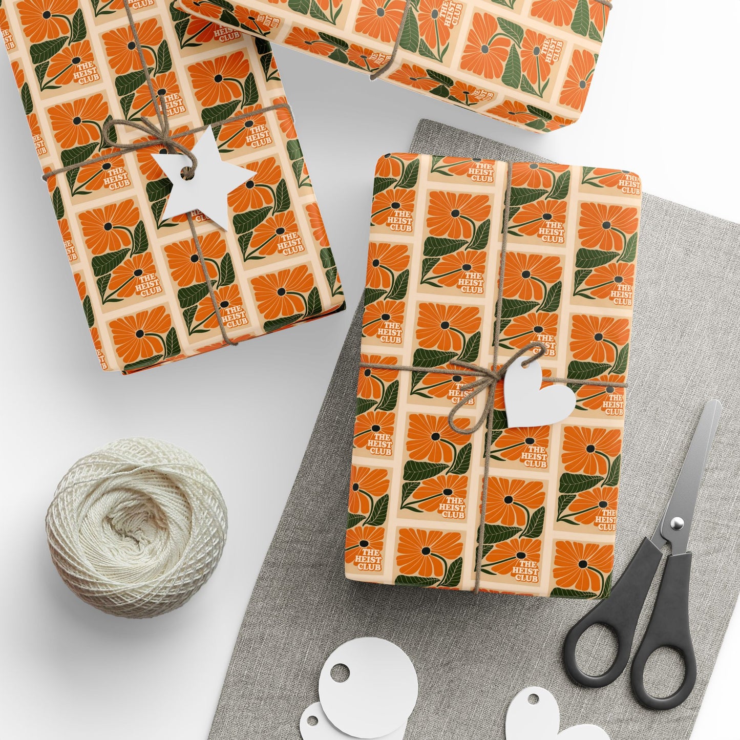 Orange Floral Tile Wrapping Paper | Pumpkin Blossom Pattern