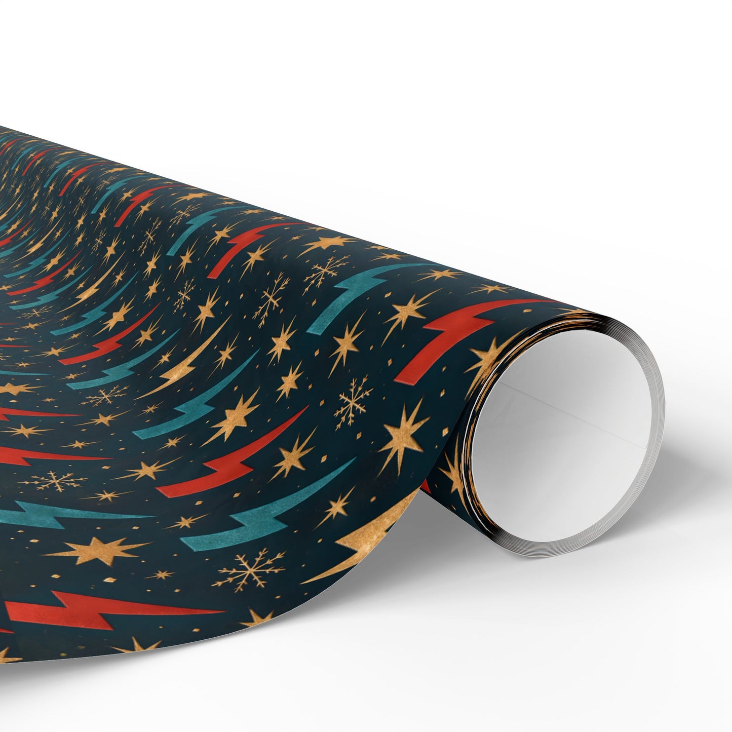 Rockstar Lightning Bolt Stars wrapping paper | Holiday Gift Wrap, Dark Teal Red Gold