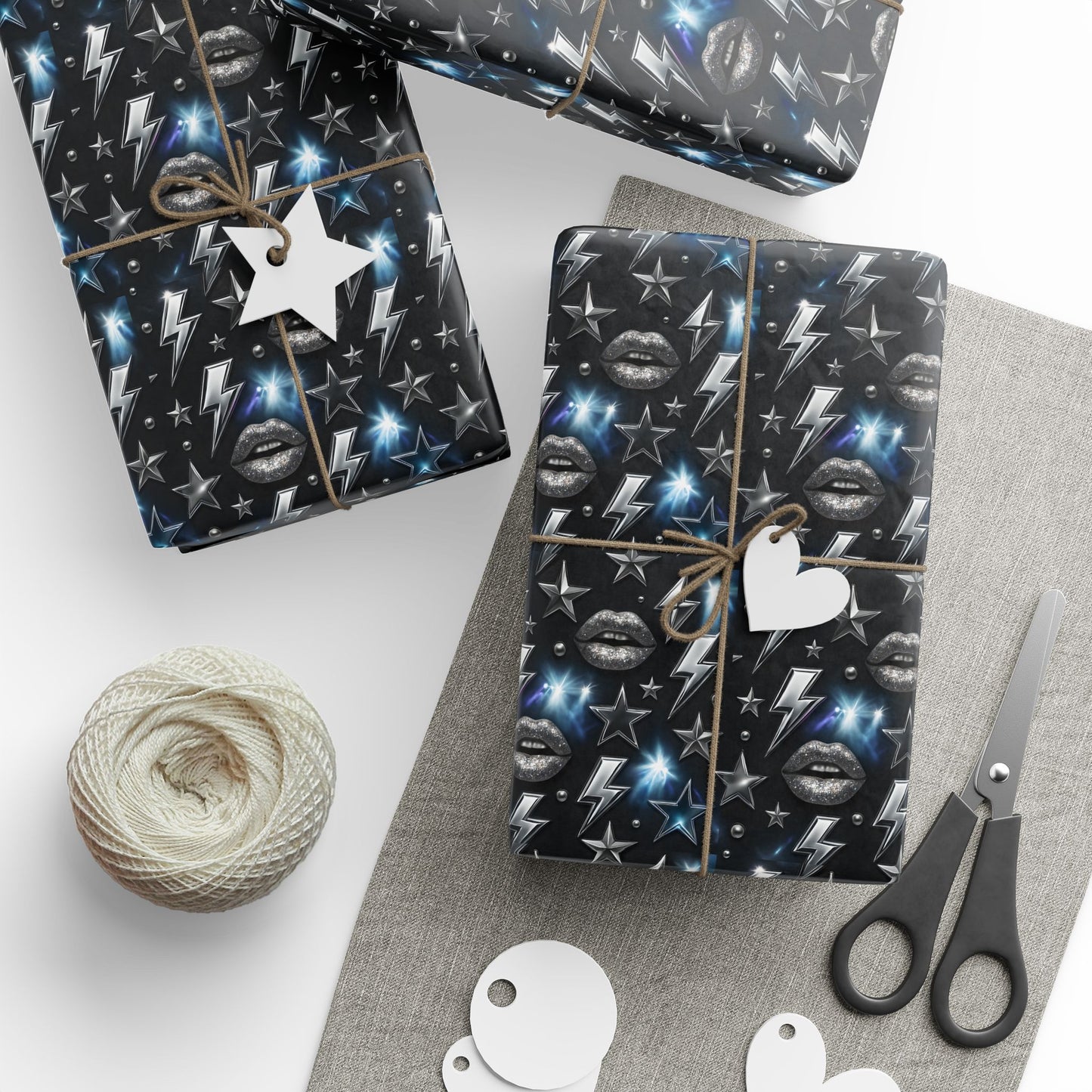 Rockstar Lightning Bolt Stars wrapping paper | Holiday Gift Wrap, Dark Teal Red Gold