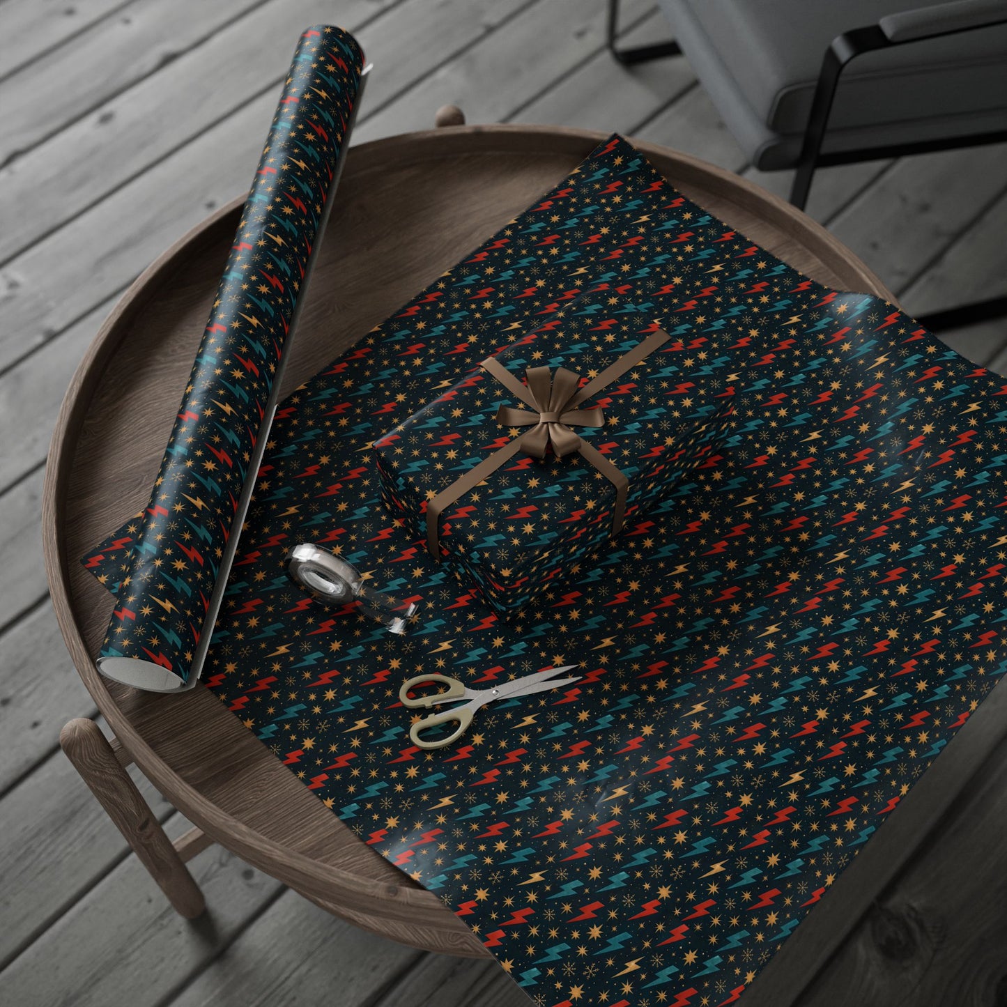Rockstar Lightning Bolt Stars wrapping paper | Holiday Gift Wrap, Dark Teal Red Gold