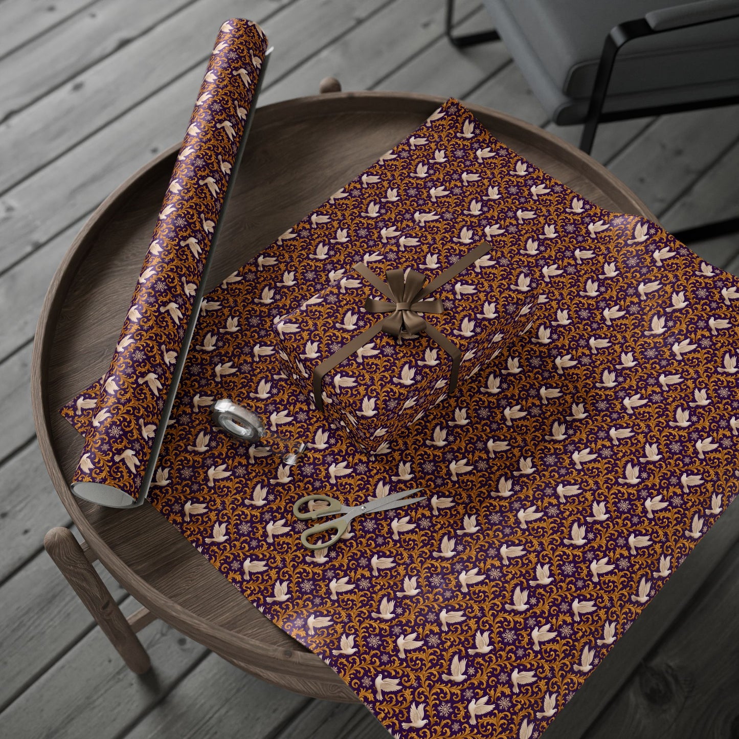 White Dove Rockstar wrapping paper | Purple rain Gold Swirl Holiday Wrap