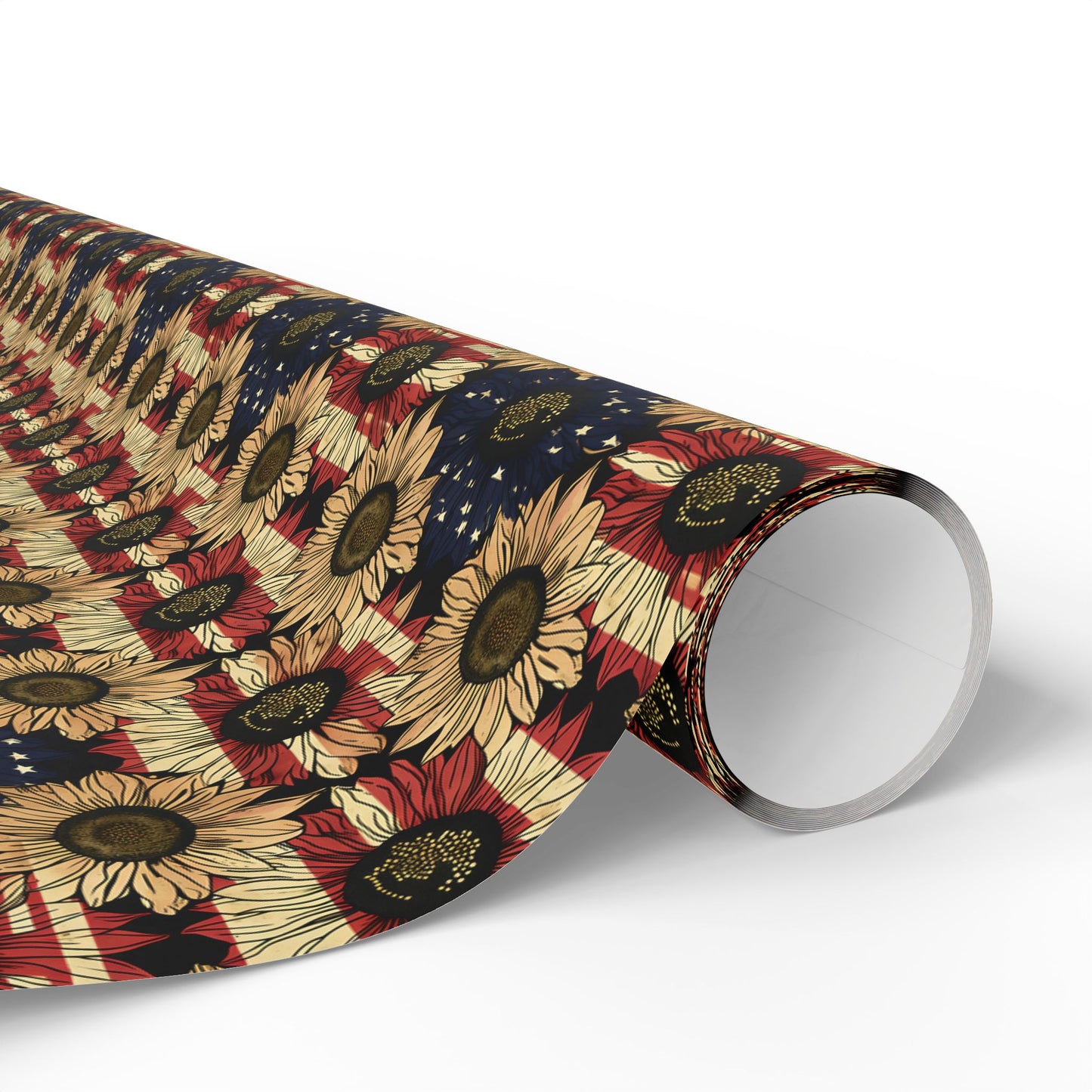 Sunflower American Flag Wrapping Paper, Patriotic Gift Wrap, Fourth of July Decoration, USA Holiday Packaging, Floral Stars and Stripes