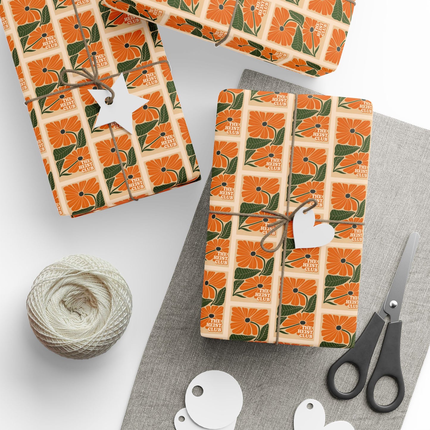 Orange Floral Tile Wrapping Paper | Pumpkin Blossom Pattern