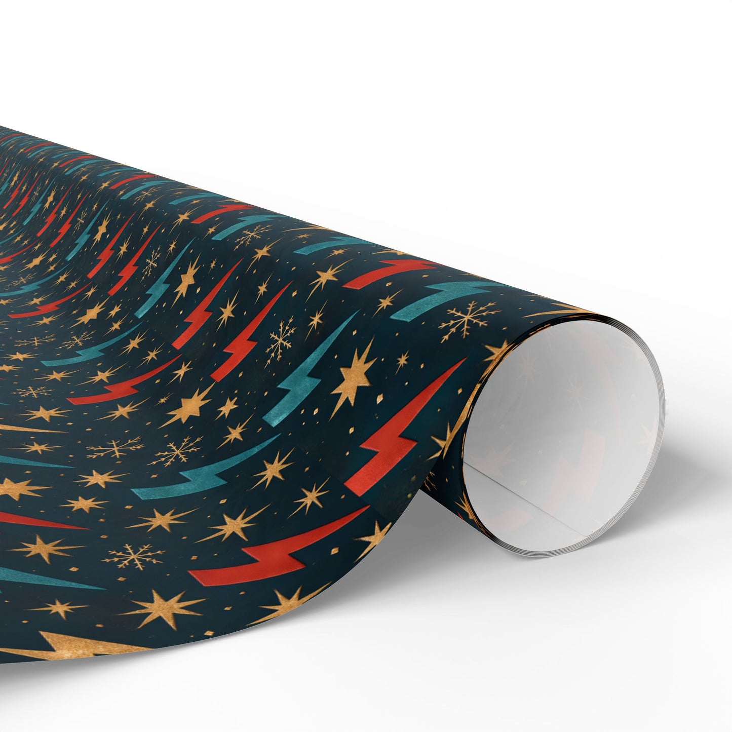 Rockstar Lightning Bolt Stars wrapping paper | Holiday Gift Wrap, Dark Teal Red Gold
