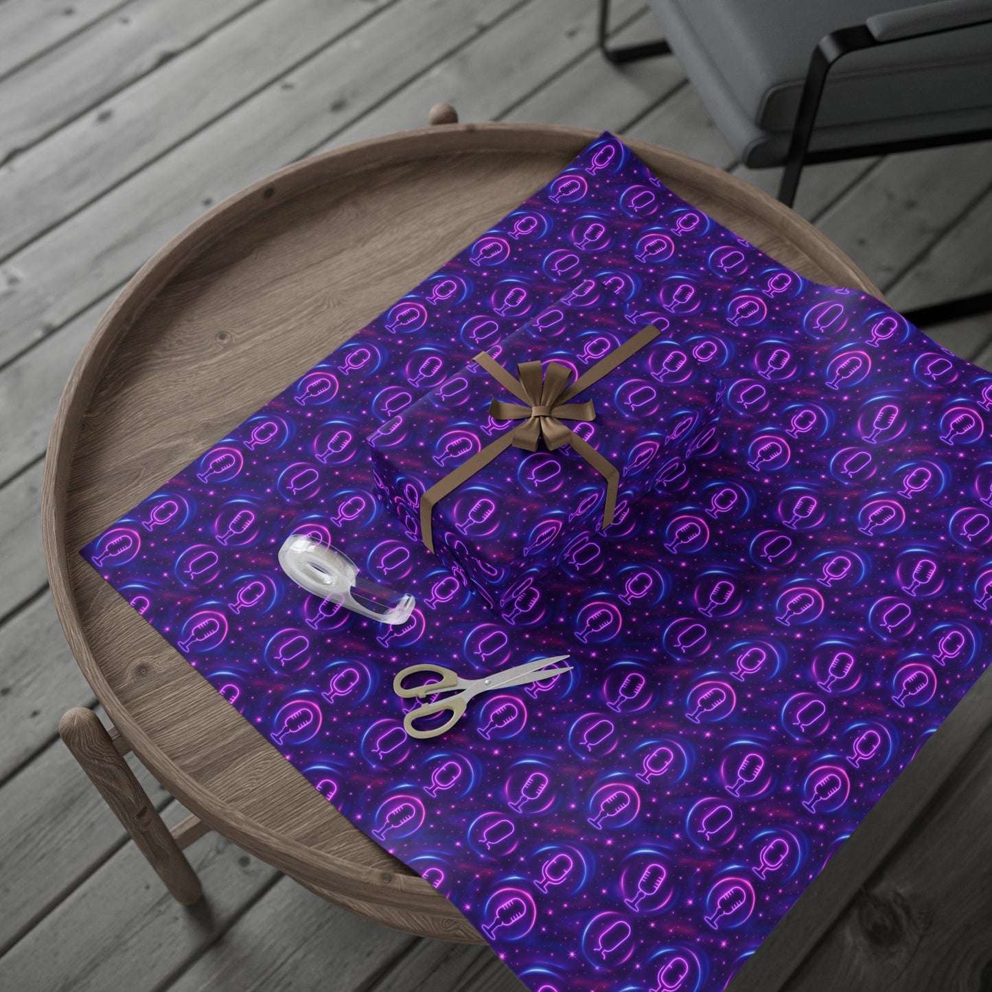 Rockstar neon microphones and stars wrapping paper | Holiday Gift Wrap, Dark Teal purple