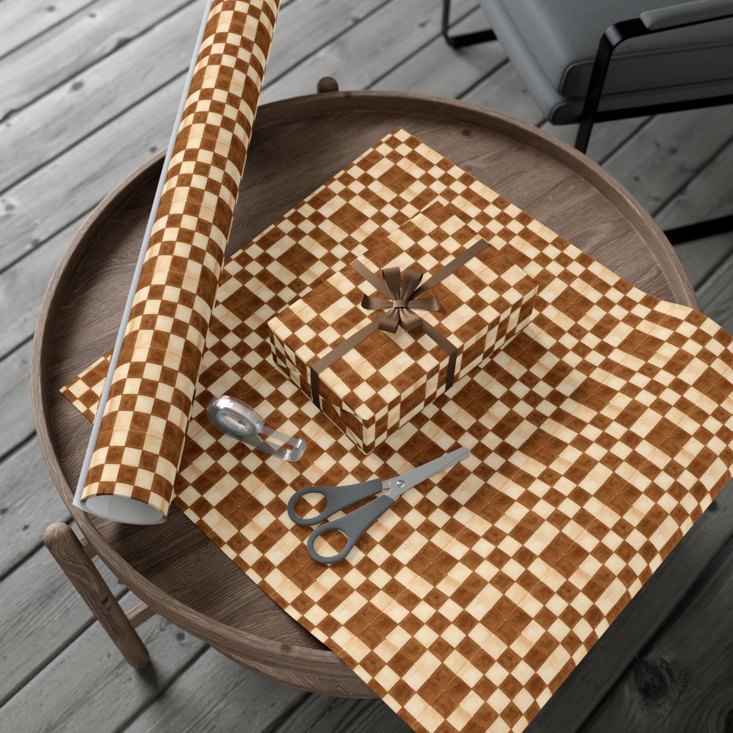 Brown Watercolor Checkerboard Gift Wrap Paper | Plaid Wrapping Paper