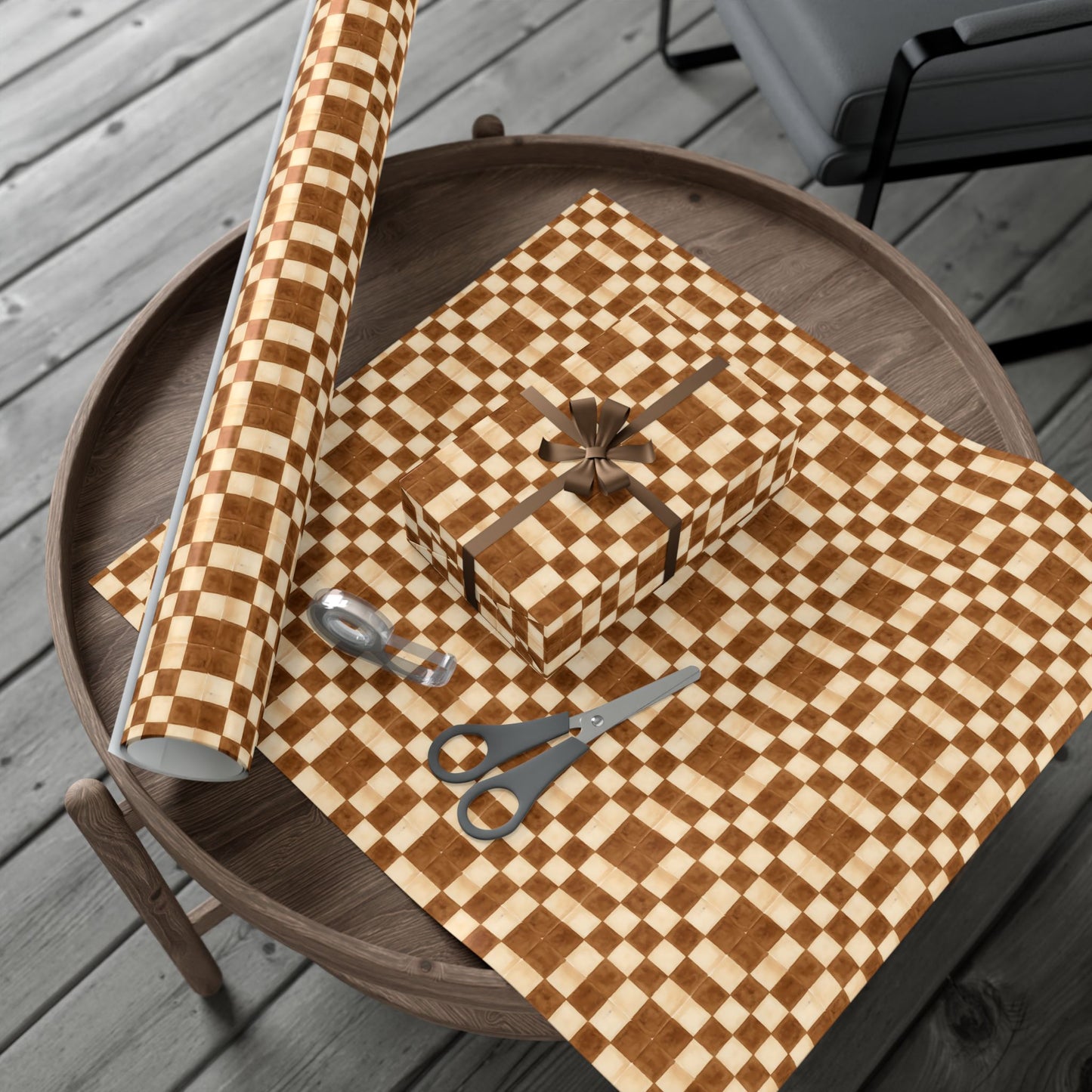 Brown Watercolor Checkerboard Gift Wrap Paper | Plaid Wrapping Paper