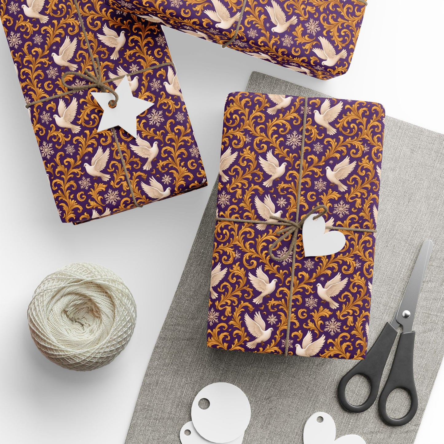 White Dove Rockstar wrapping paper | Purple rain Gold Swirl Holiday Wrap