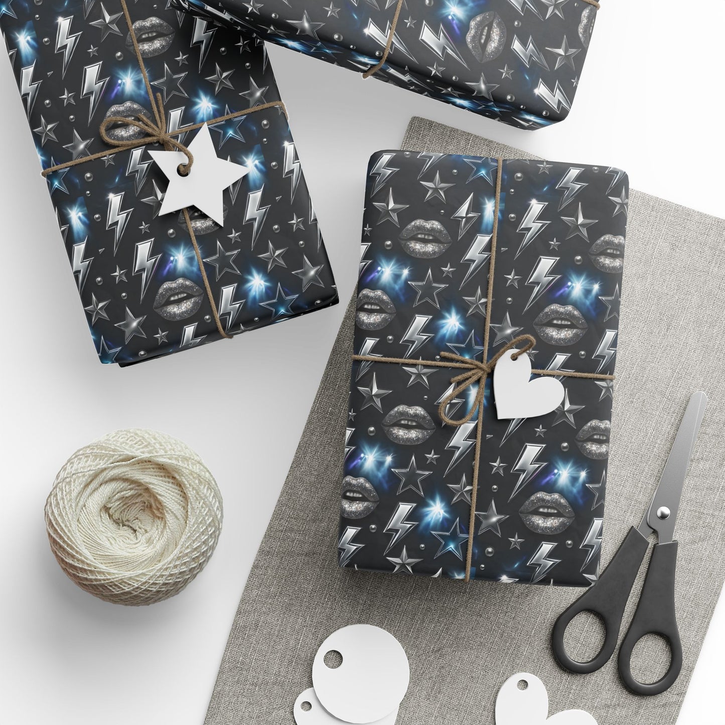Rockstar Lightning Bolt Stars wrapping paper | Holiday Gift Wrap, Dark Teal Red Gold