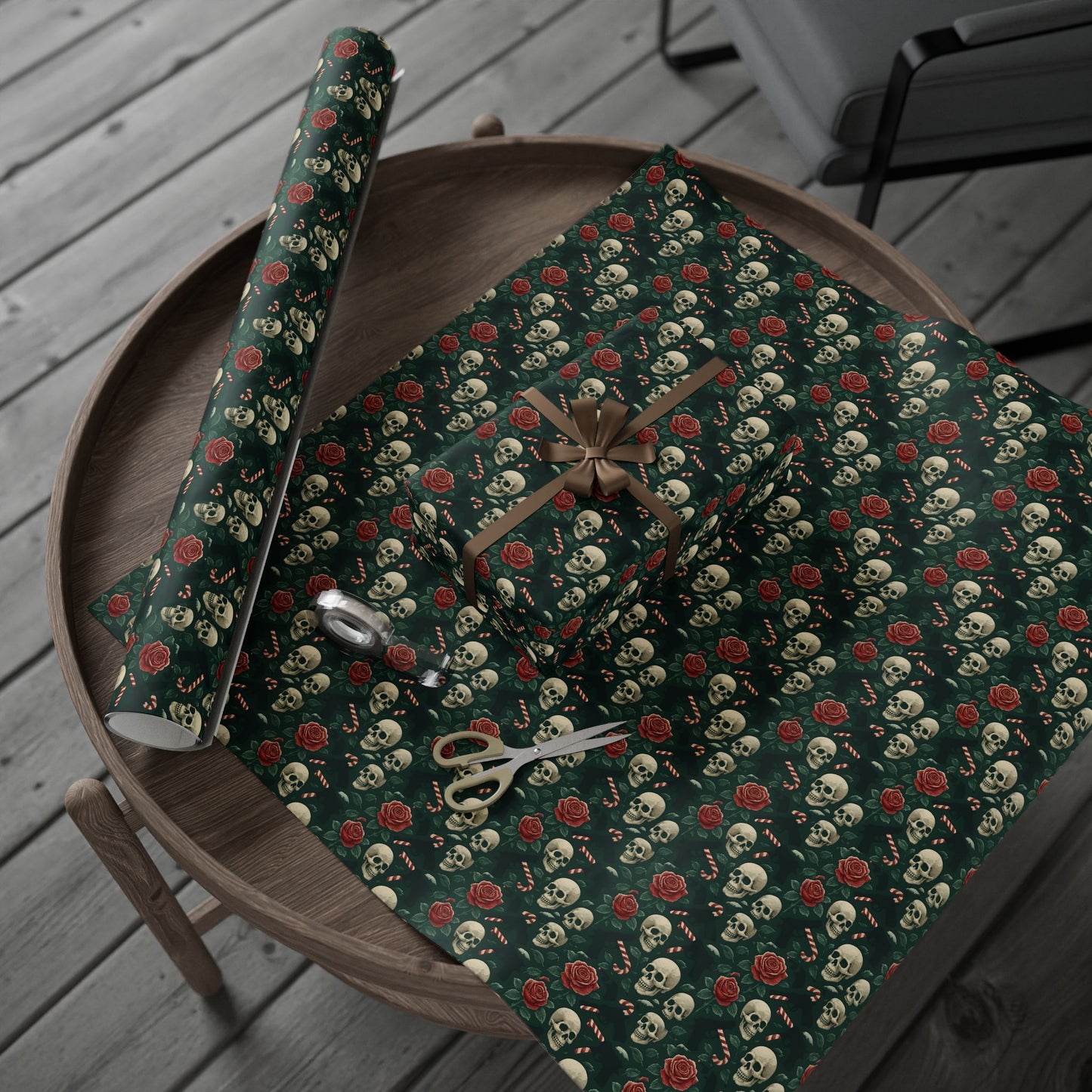 Rockstar skull and candy cane wrapping paper | Holiday Gift Wrap, Dark Teal Red Gold