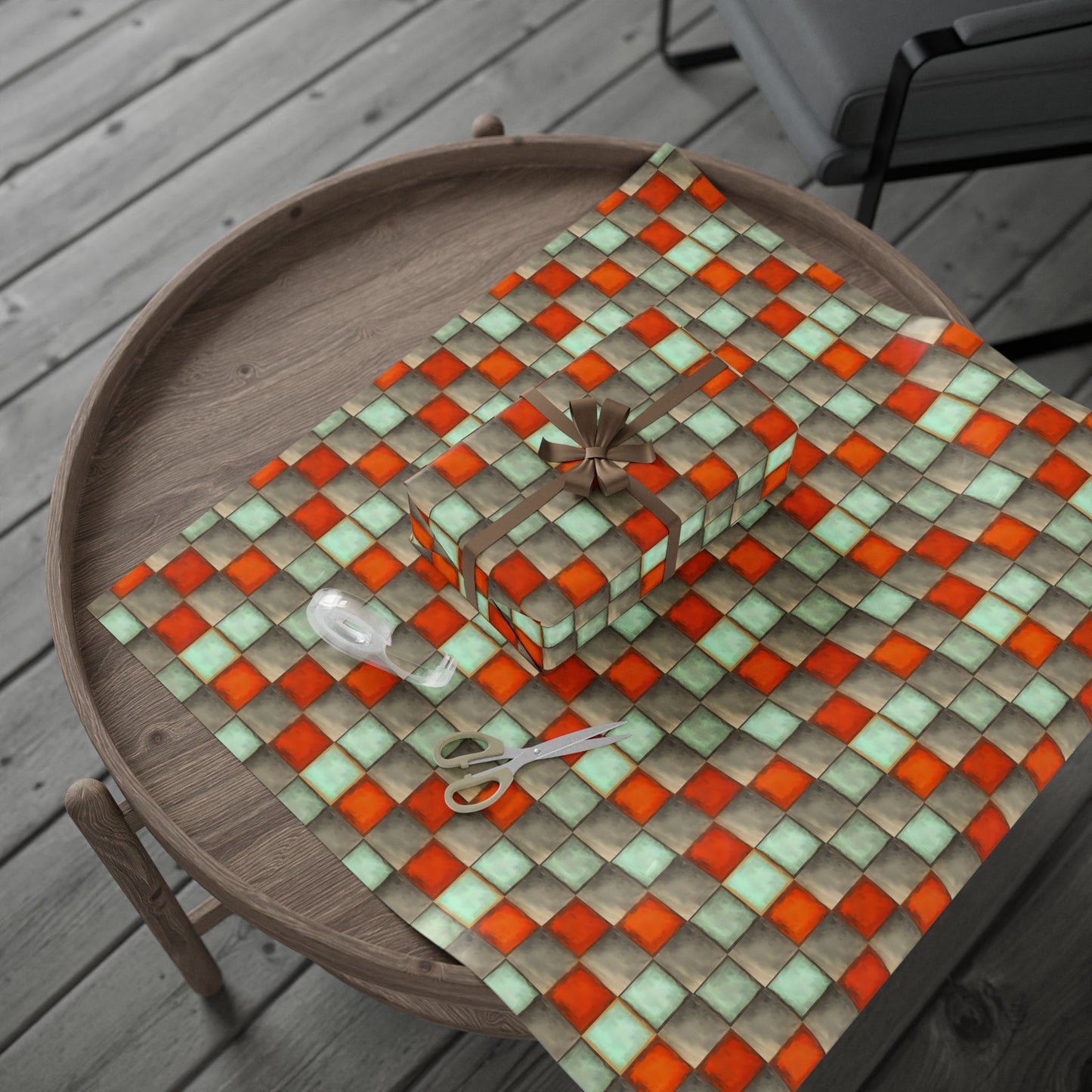 Checkered Watercolor Wrapping Paper, Orange Blue Gift Wrap for Birthdays, Holidays, Parties - Orange Blue Checkered Paper