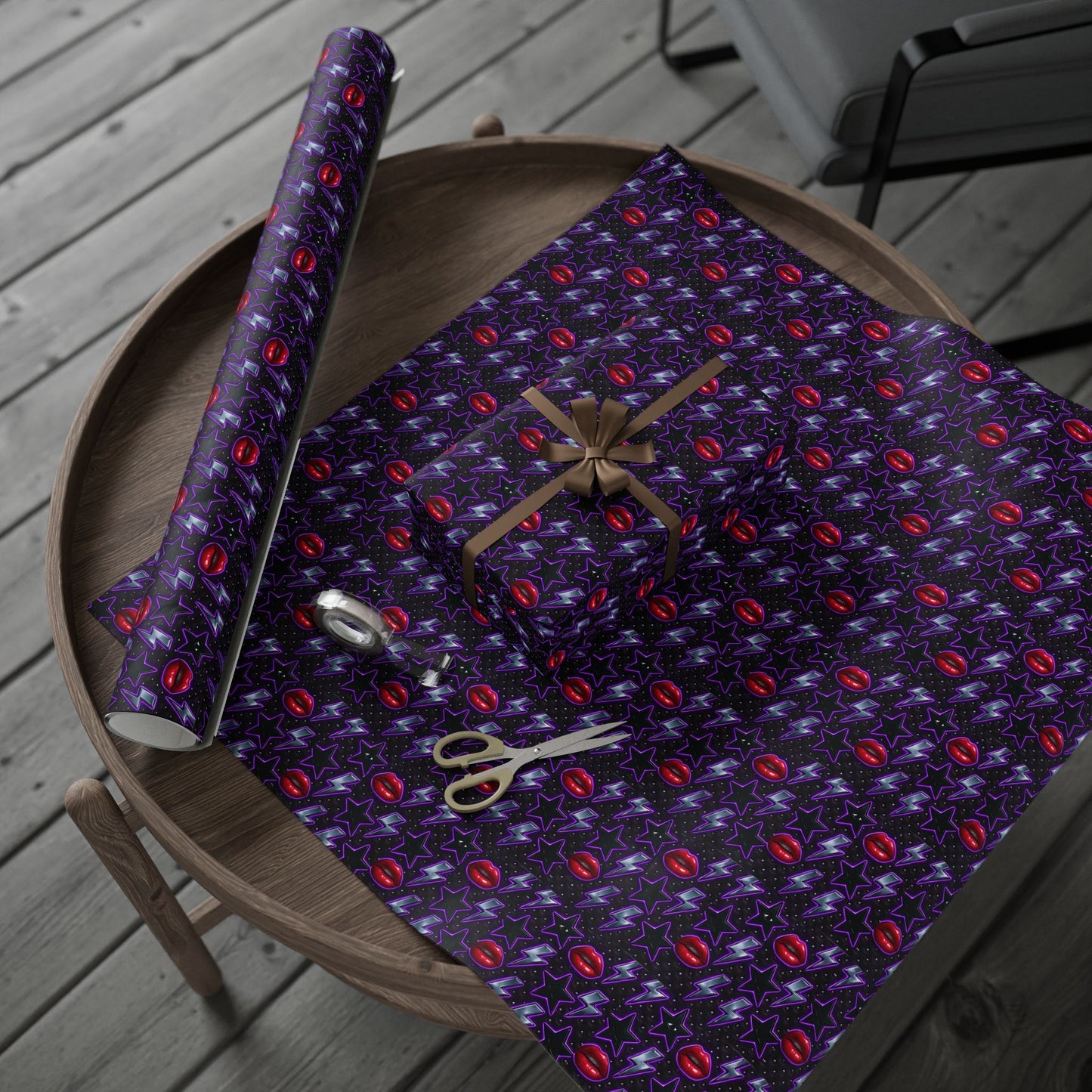 Rockstar neon lips and lightning bolts wrapping paper | Holiday Gift Wrap, Dark Teal purple