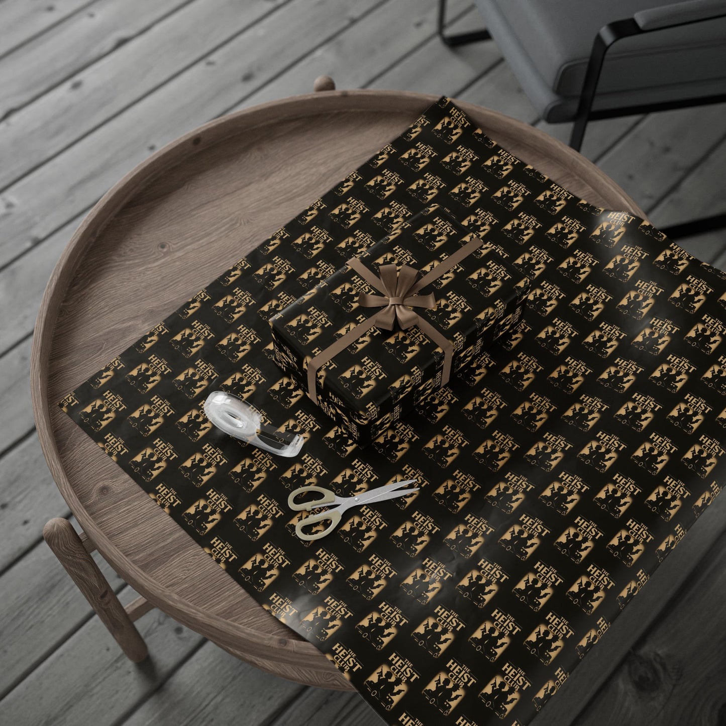 Heist Club Pattern Wrapping Paper | Black and Gold Robber Logo