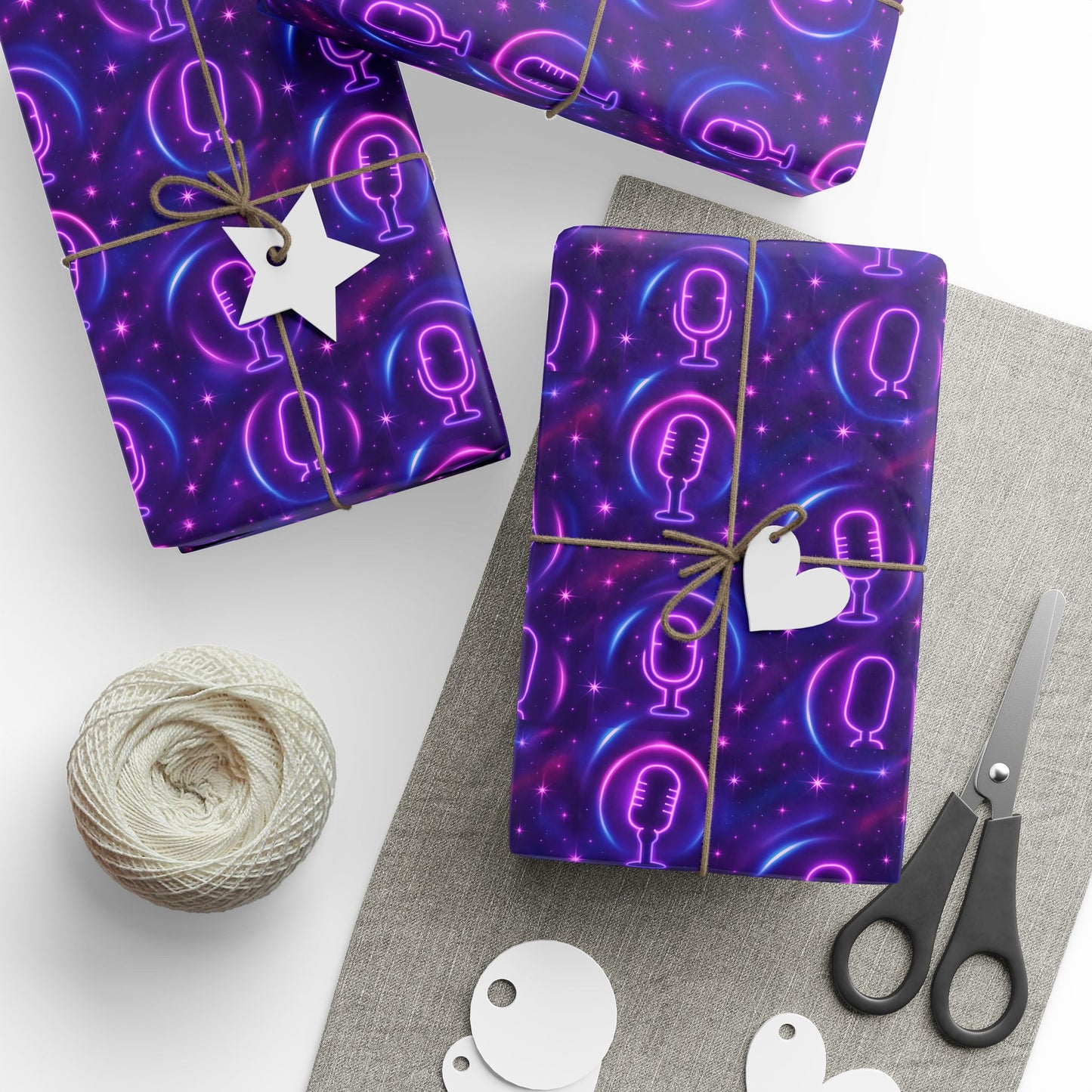 Rockstar neon microphones and stars wrapping paper | Holiday Gift Wrap, Dark Teal purple