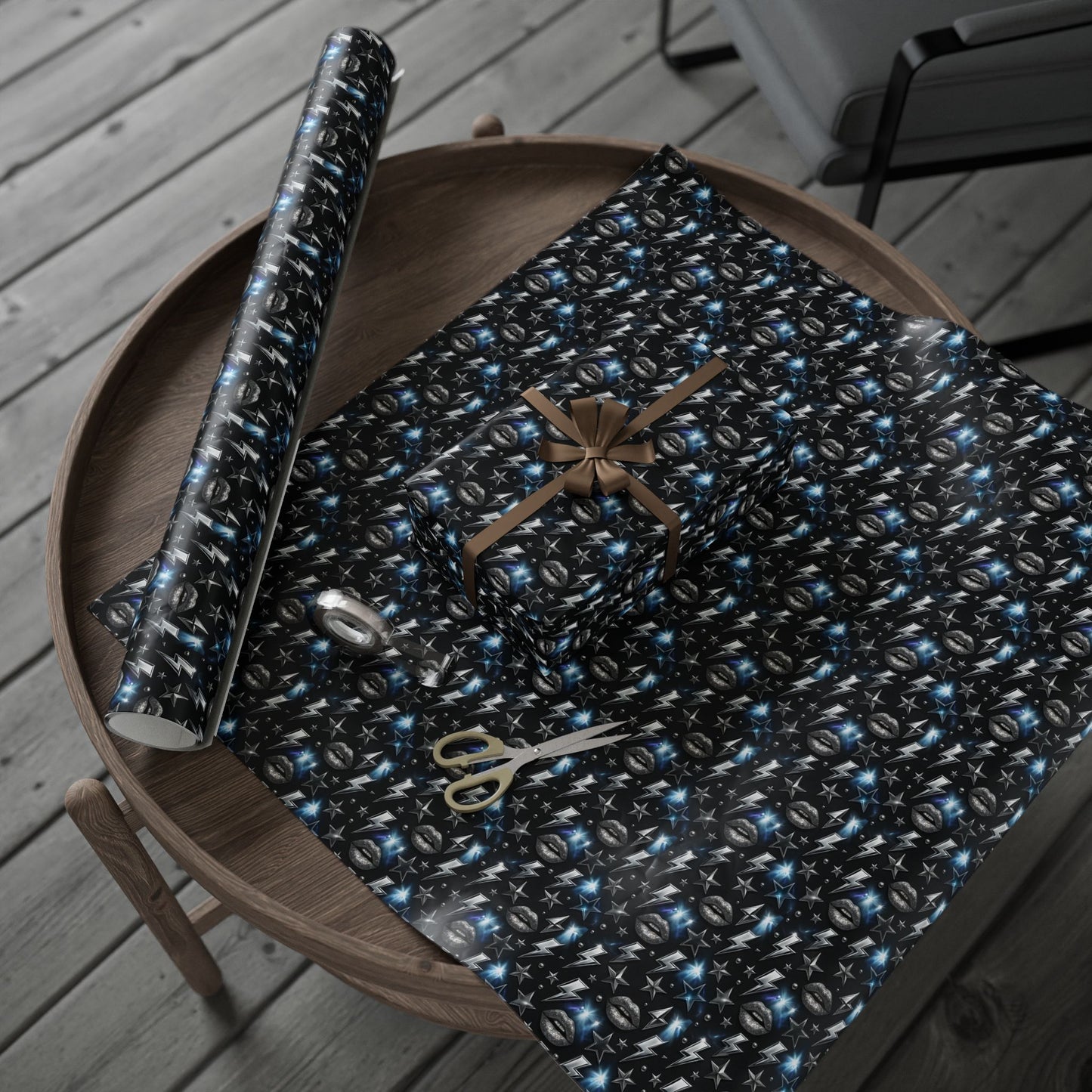 Rockstar Lightning Bolt Stars wrapping paper | Holiday Gift Wrap, Dark Teal Red Gold