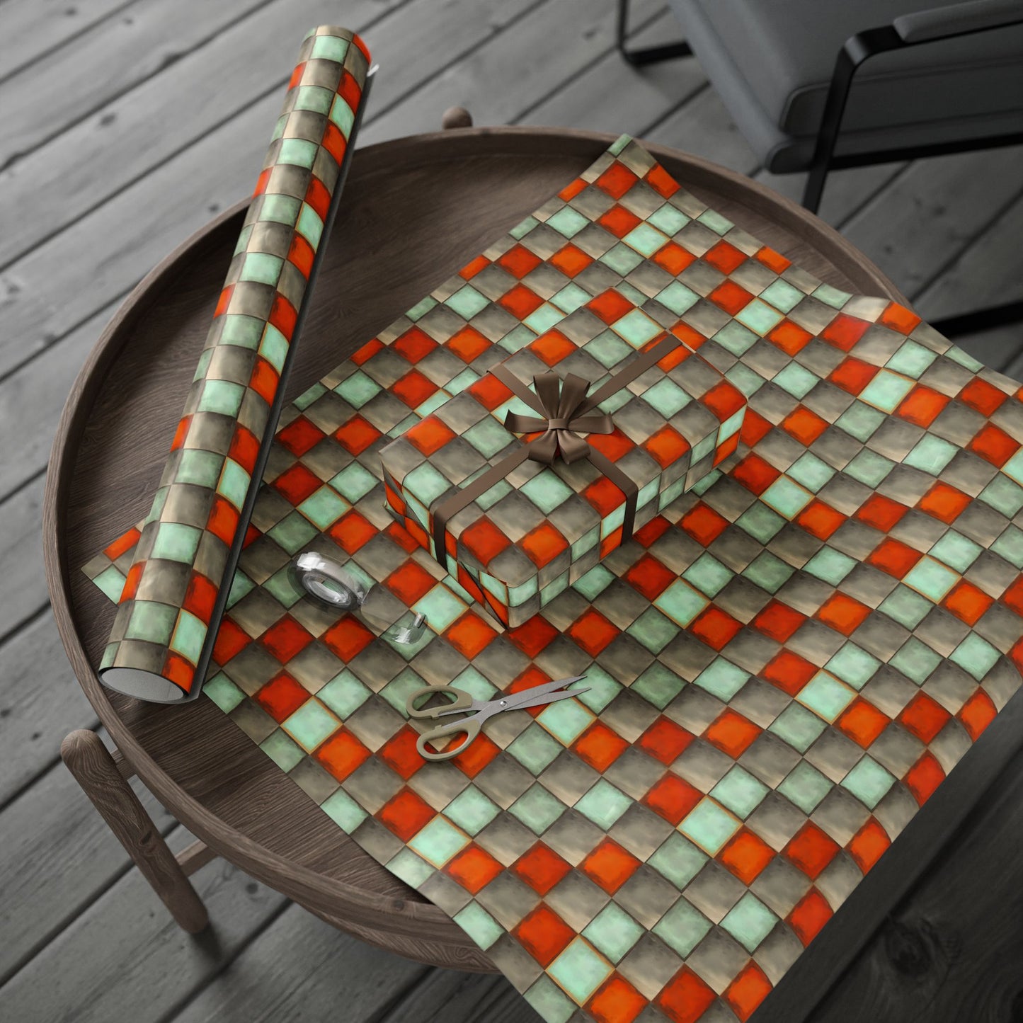 Checkered Watercolor Wrapping Paper, Orange Blue Gift Wrap for Birthdays, Holidays, Parties - Orange Blue Checkered Paper
